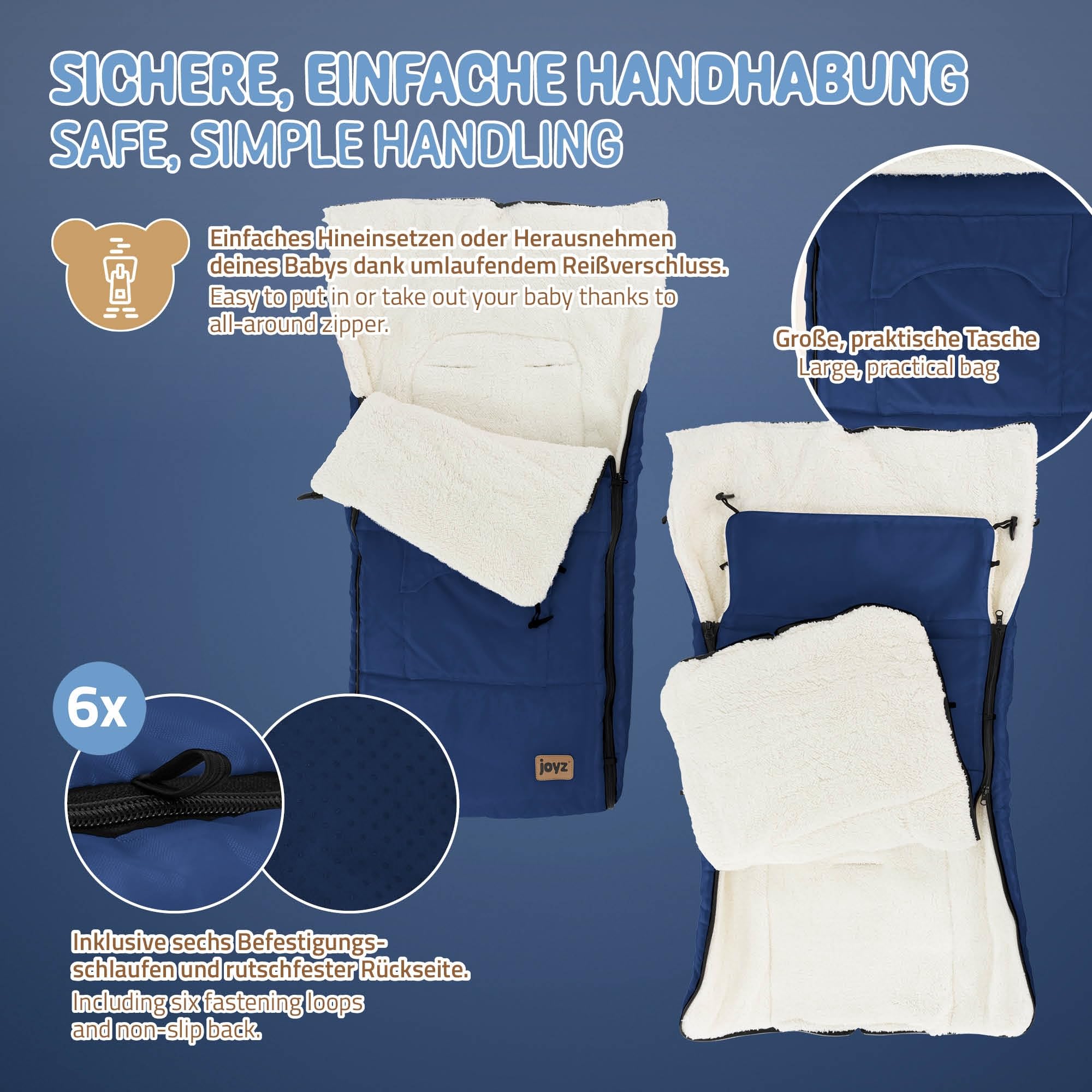 Joyz Chancelière pour Bébé, Polyester, Bleu, Sac de Couchage Universelle, Fermeture Éclair, Résistante aux Intempéries, Picots Antidérapants, Couverture Douillette d'Hiver, Poussette ou Siège Auto