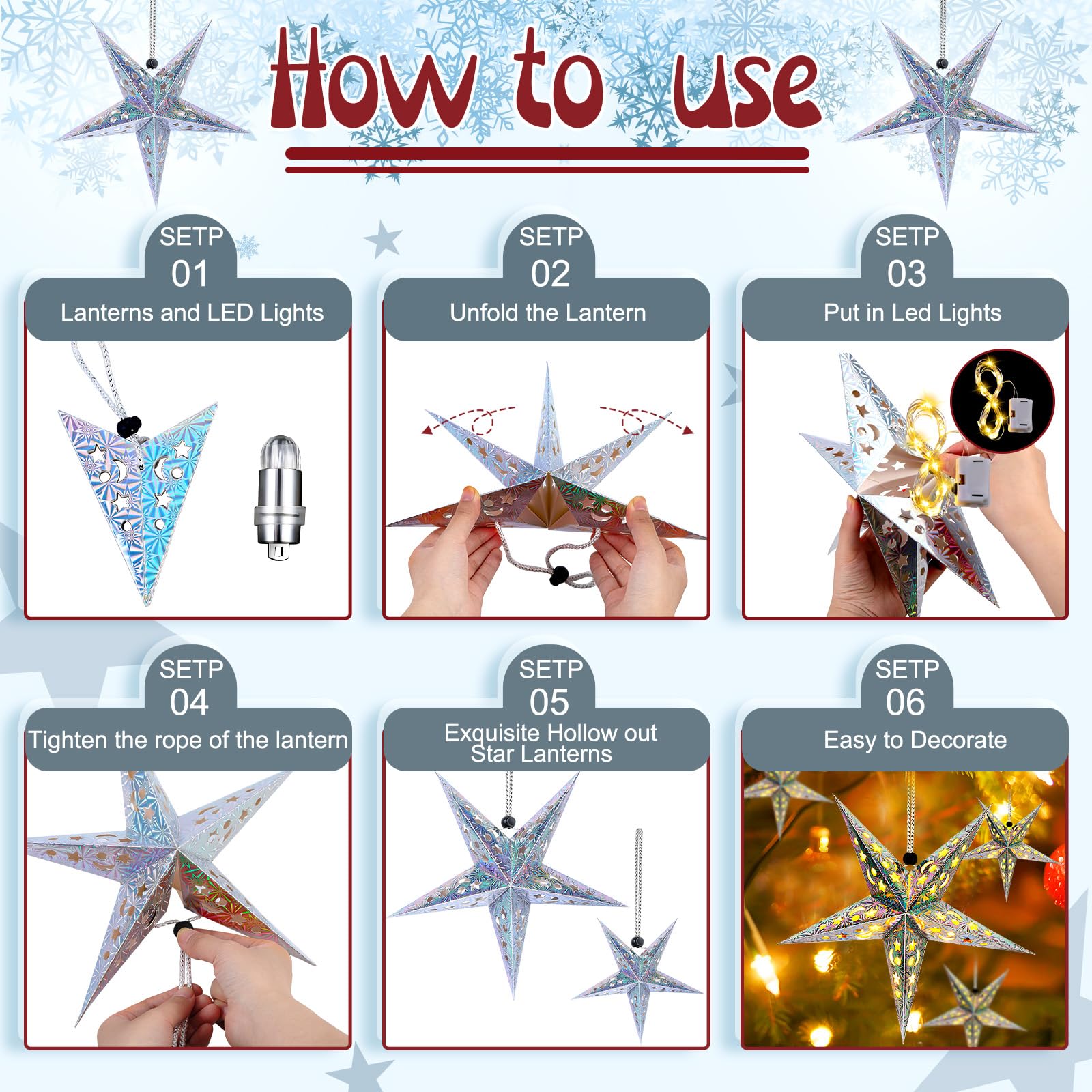 Juego de 20 faroles de estrella de papel de Navidad, 2 tamaños, 17.7 pulgadas, 11.8 pulgadas, adornos colgantes de Navidad, pantalla 3D, decoración colgante con 20 luces LED para Navidad, Año Nuevo,