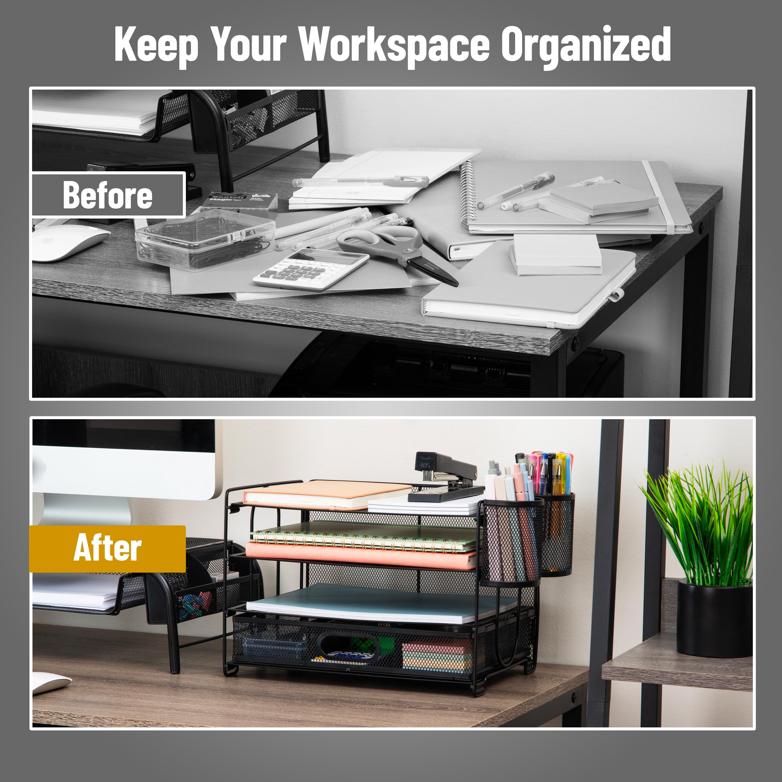Mind Reader Schreibtisch-Organizer aus Netzstoff, 3 Ablagen, 1 Schublade, 2 Stifthalter, Büro-Schreibtisch-Organizer, Metallgitter, Schwarz