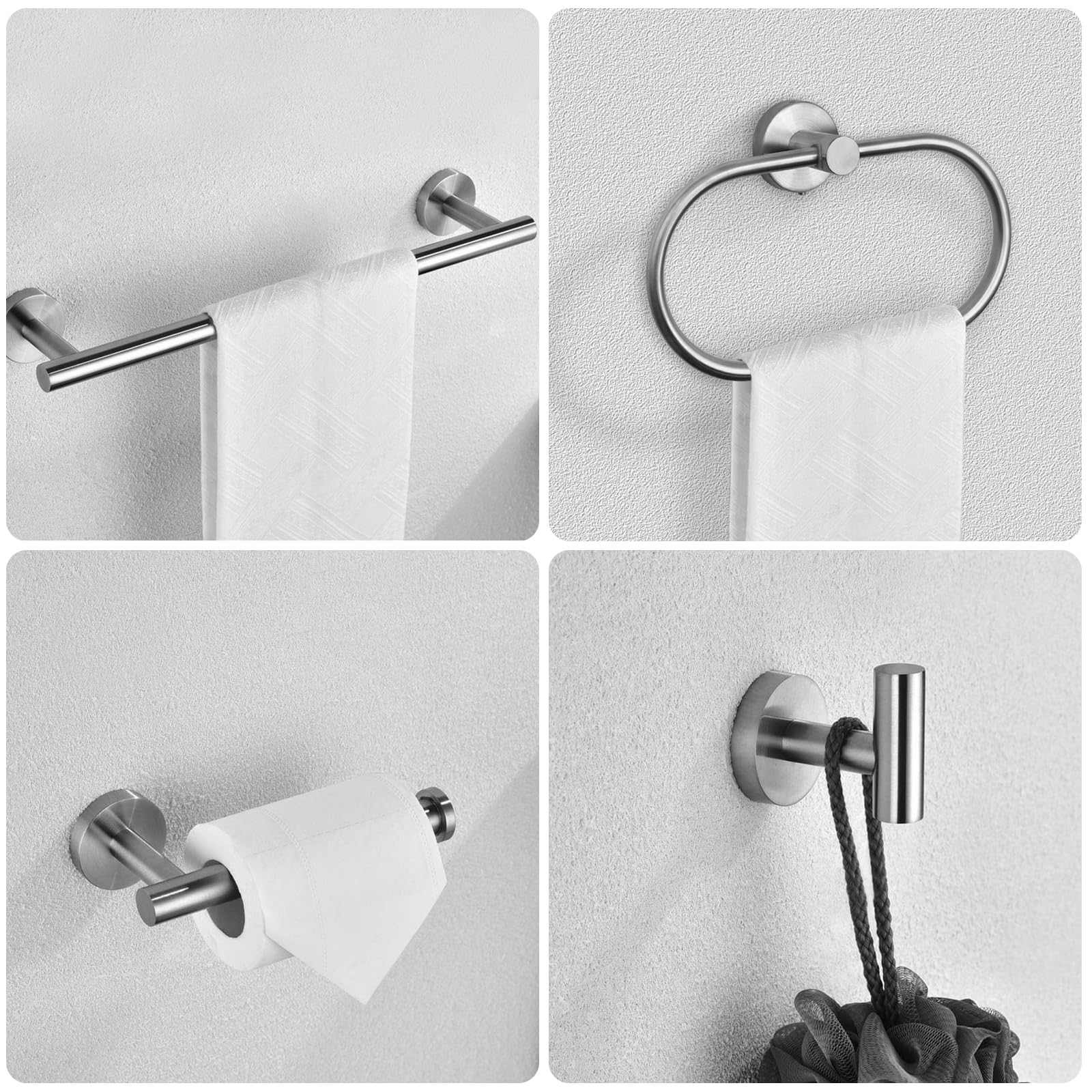 Juego de 7 piezas de accesorios de baño, de acero inoxidable de níquel cepillado, montaje en pared, incluye barra de toalla de 16 pulgadas, soporte para papel higiénico, anillo para toallas, 4 ganchos 3
