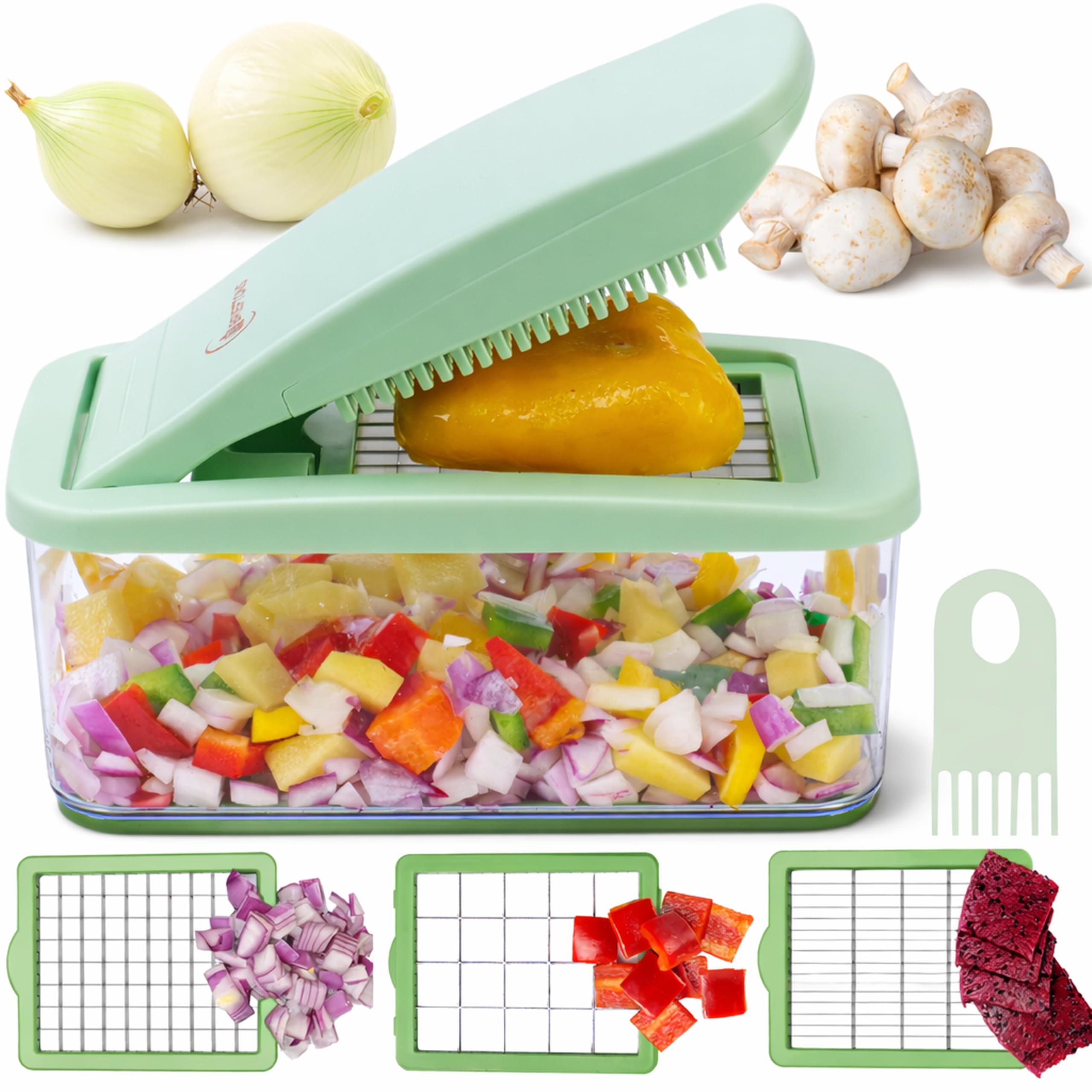 Brieftons QuickPush Food Chopper: Vegetable Dicer Slicer, Onion Cutter, 3 Extra-Large Blades with 200% More Cutting Area to Chop Dice Slice Vegetables, 2.6-Quart Container