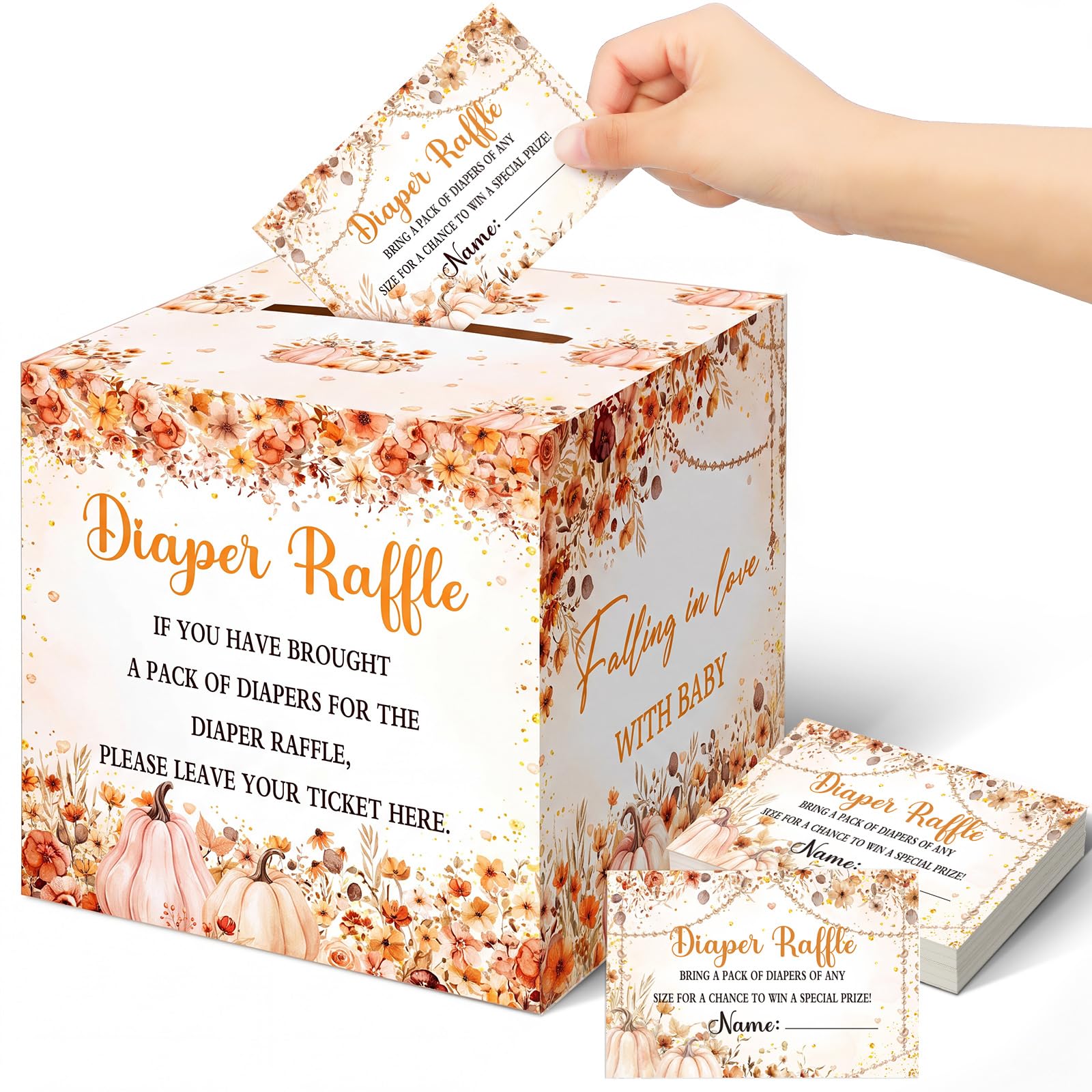 Teling 51 Pieces Diaper Raffle Tickets with Card Box,Falling in Love with Baby Style