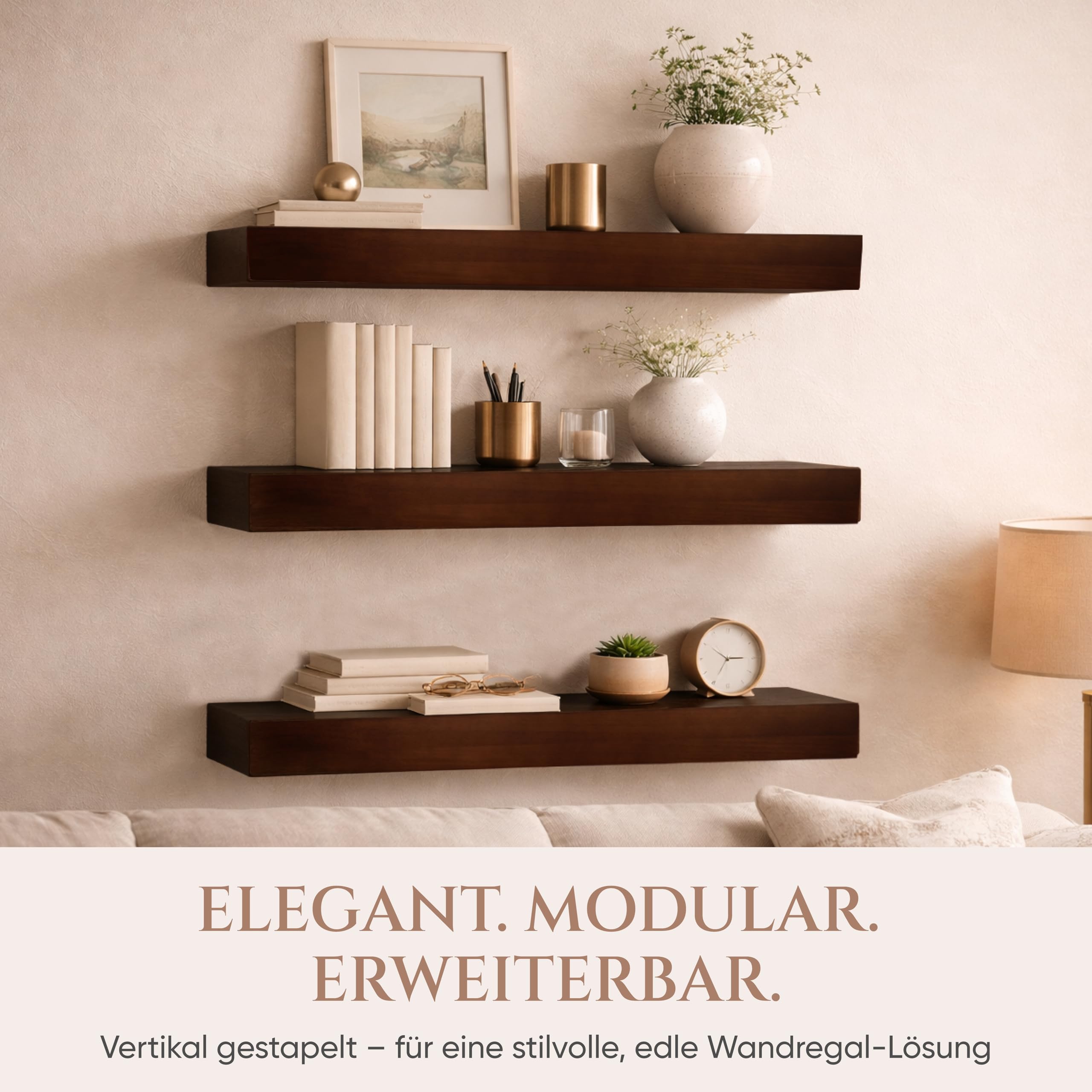 ZORANZA Dickes Schweberegal Dunkelbraun Massivholz | Modernes Wandregal mit rustikalem Akzent für Küche, Wohnzimmer, Flur, Schlafzimmer | Robuste unsichtbare Halterung
