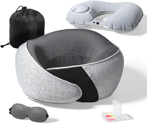 Vista 8 de Cozi Almohada de viaje para avión, almohada de avión de espuma viscoelástica 100% pura con almohada inflable ajustable para el cuello para mujeres