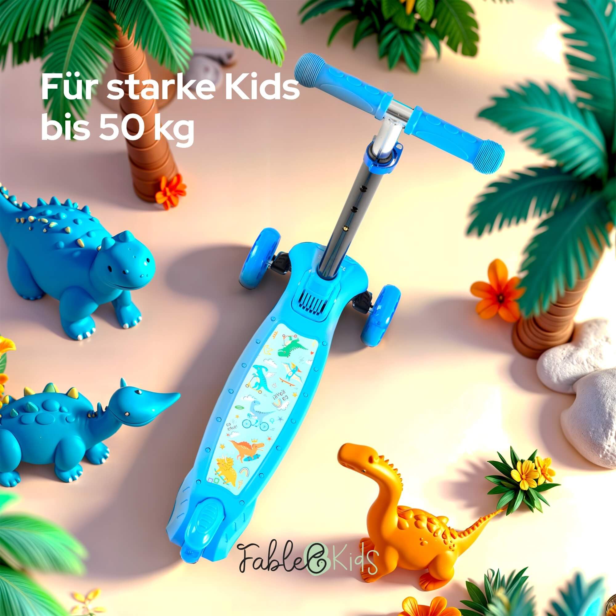 FableKids Kinderscooter Cityroller Tretroller Scooter höhenverstellbar | klappbar | LED-Räder | Tritt-Bremse | für Kleinkinder ab 3 Jahren | bis 50 kg belastbarer Roller | Kickroller