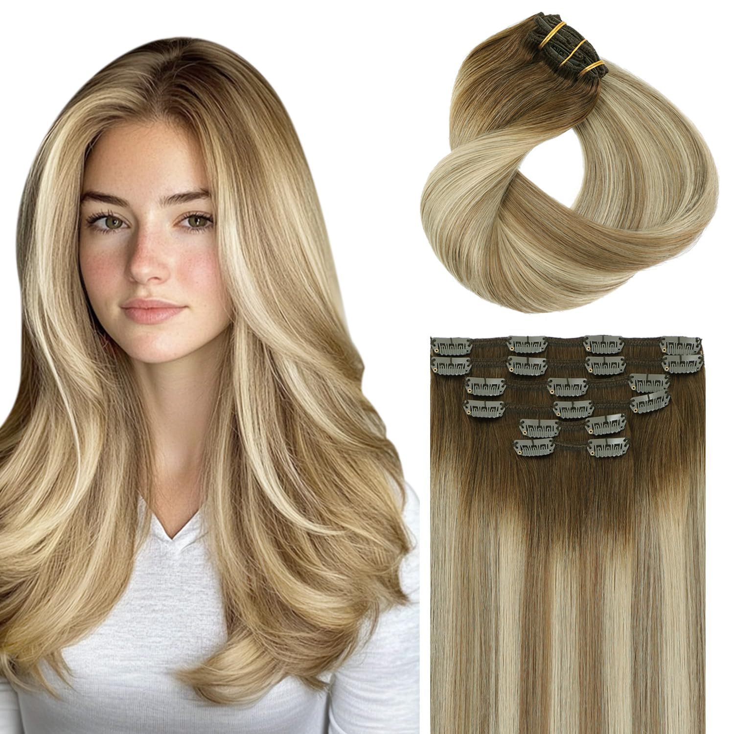 SAFIRENY Clip in Hair Extensions Real Human Hair Double Weft Balayage Color Walnut Brown To Ash Brown And Golden Blonde,Clip in Hair Extensions,20