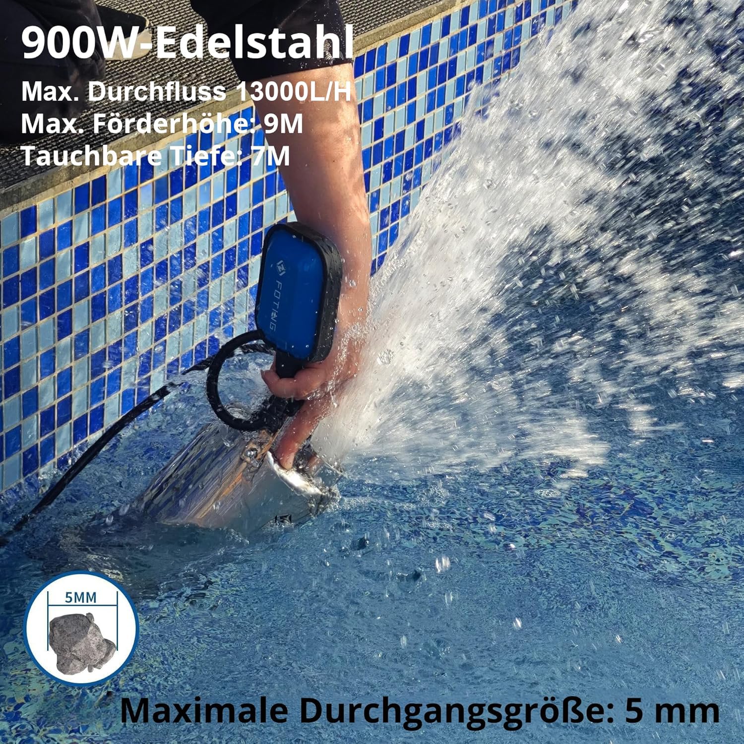 FOTING Edelstahl Tauchpumpe 900 W, 13.000 l/h, Förderhöhe bis 9 m, Eintauchtiefe bis 7 m, mit Schwimmerschalter, für Pool, Keller und Entwässerung