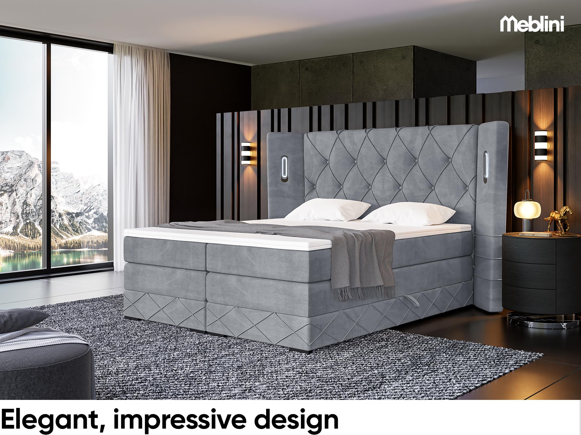 MEBLINI King Boxspringbett mit Bettkasten - Gepolstert Doppelbett mit Matratze und Topper - Polsterbett mit Stauraum - Bett mit LED Kopfteil - Stauraumbett - Manuel - 180x200 - H3/Grau Samt