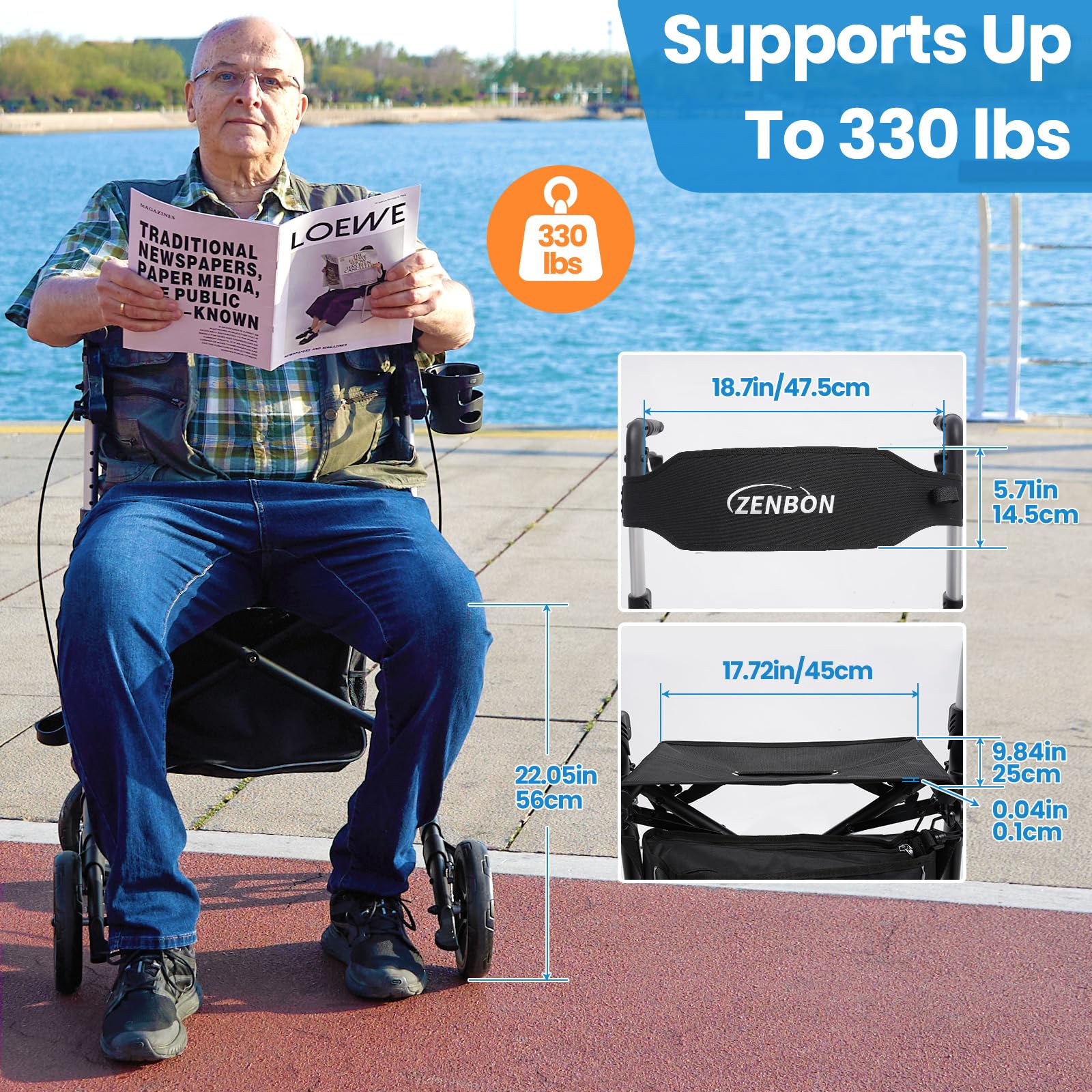 Deambulatore in Alluminio Ultraleggero con 4 Ruote: Rollator Stretto per la Casa, Deambulatore con Seduta Pieghevole per Anziani - Rollator da Viaggio con Maniglia Regolabile in Altezza (Nero)