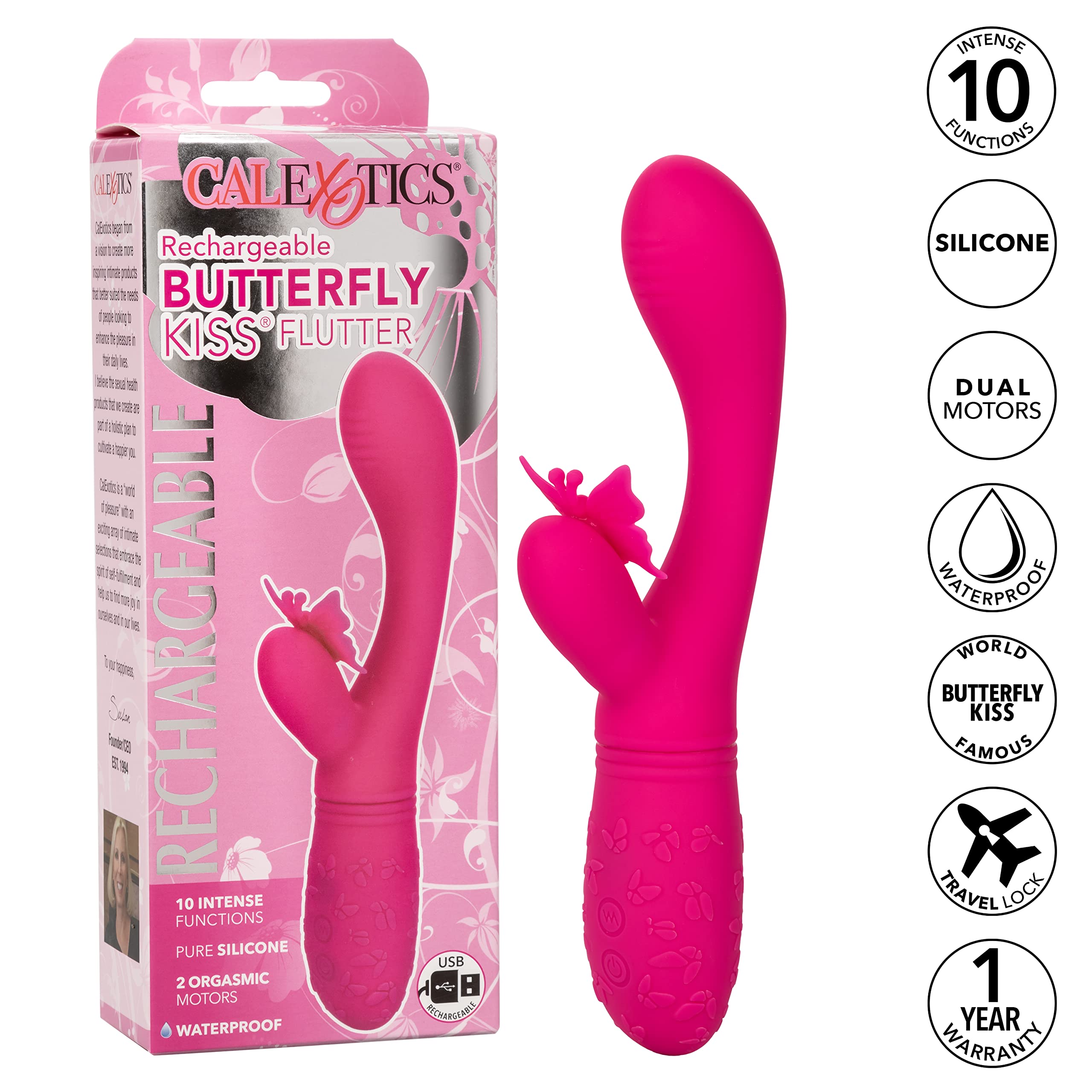 Masajeadores marca Calexotics Vibratore rabbit Butterfly Kiss Flutter fucsia