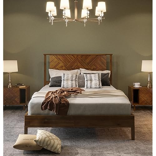 Bme Ethan Queen Bed Frame with Diamond Headboard, Mid-Century Modern, Solid Acacia Wood, No Box Spring Needed, Fits All Mattresses, Rustic Brown