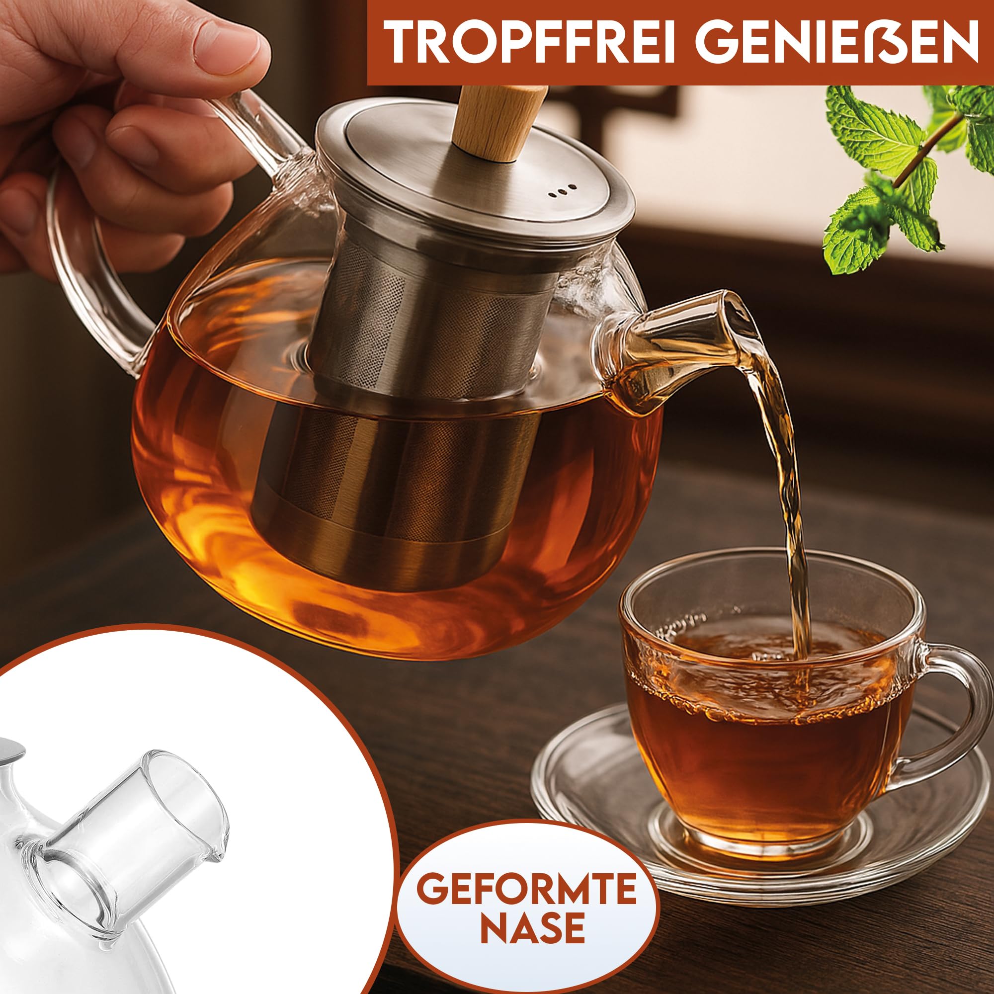Teekanne aus Glas mit Edelstahl-Sieb Unterteller Dobin – 1,5 Liter – Borosilikatglas & Bambus Unterteller – Tropffrei, Hitzebeständig, Spülmaschinenfest (Teekanne)