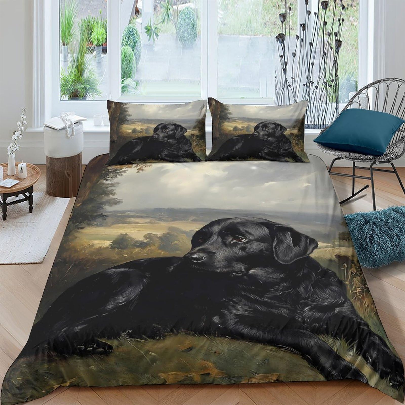 GPLZQXKJNH 3D Printed Black Labrador Duvet Cover Microfiber Soft Dog Landscape Bedding Set with 2 Pillowcases for Bedroom Home Single（135x200cm）