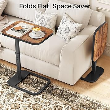 Kitstorack C-Shape Side Table with Adjustable Height & Flip Top, Rounded Corners Small Space End Table, Couch Sofa Table for Laptop Coffee Snack in Living Room Bedroom Bedside