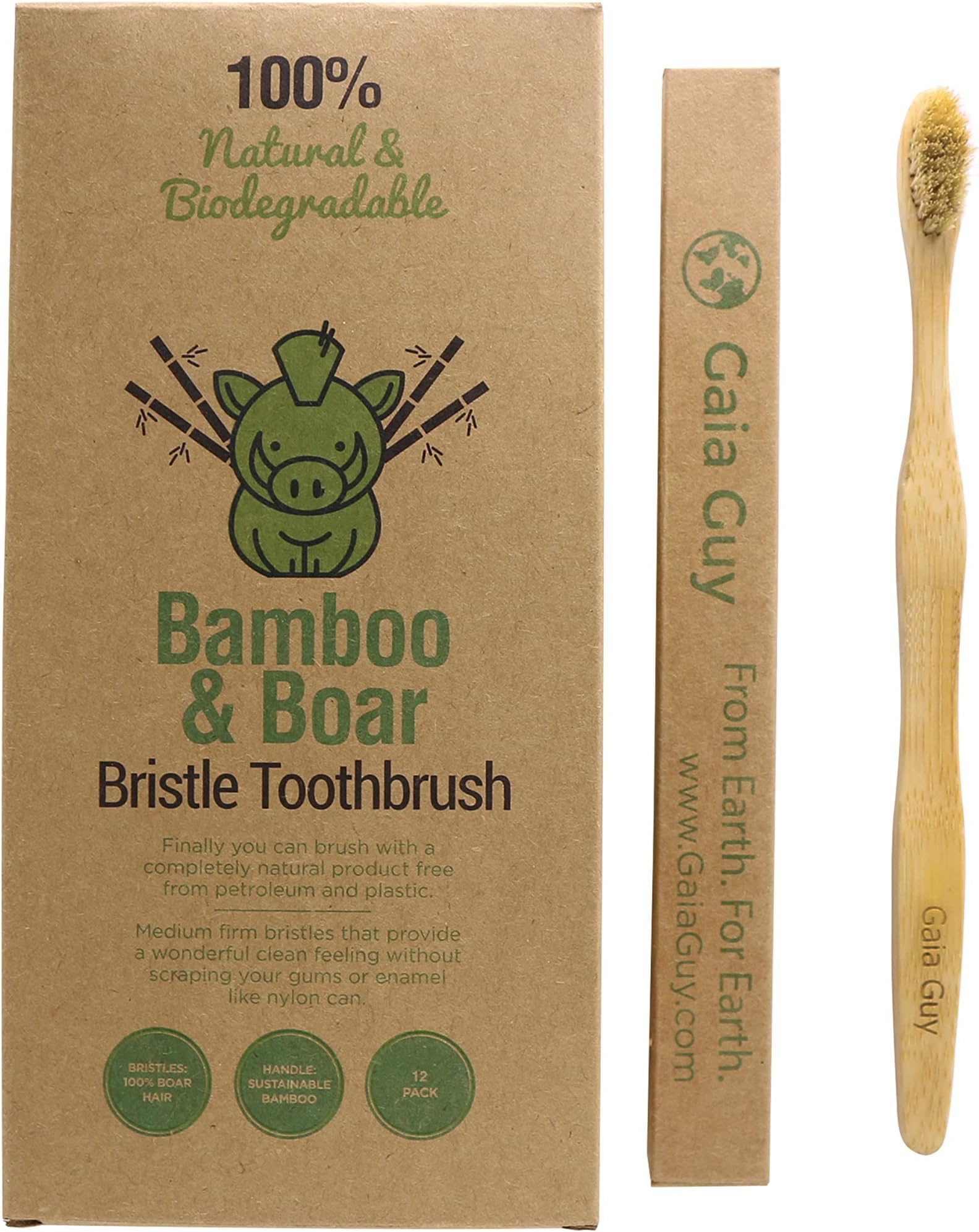 Natural Bristle Bamboo Toothbrush with Boar Bristles - Totally Biodegradable and Compostable - No Nylon Toothbrushes - Zero Waste 12-Pack