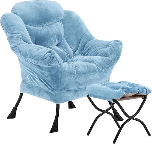 Silla Lazy con otomana plegable, silla decorativa tapizada de felpa con estructura de metal y almohadillas antideslizantes, sillón con reposapiés y