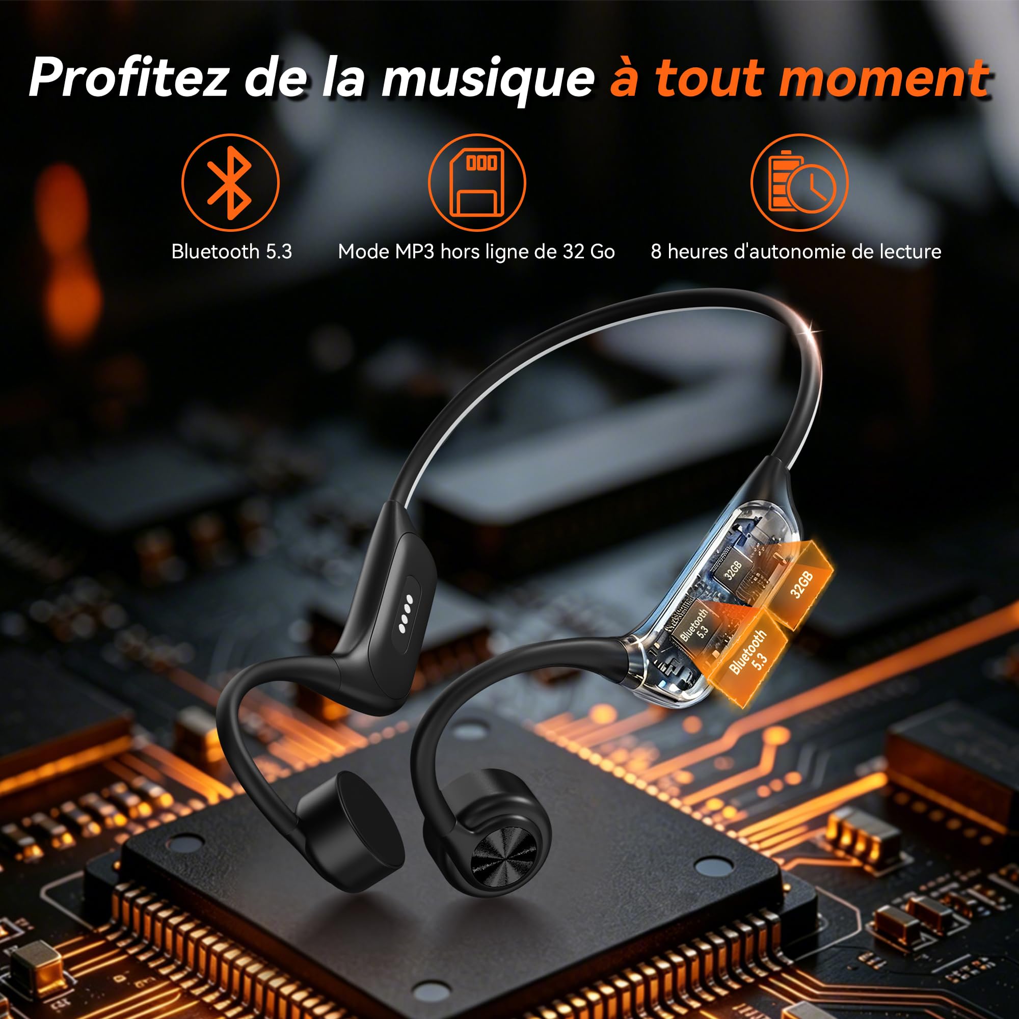 Wantek Casque Conduction Osseuse Natation IP68 Étanche, Casque Bluetooth 5.3 avec Lecteur MP3 32 Go Intégré, Casque Sport Open Ear sans Fil, 8H d'Autonomie pour Natation, Running, Vélo et Fitness