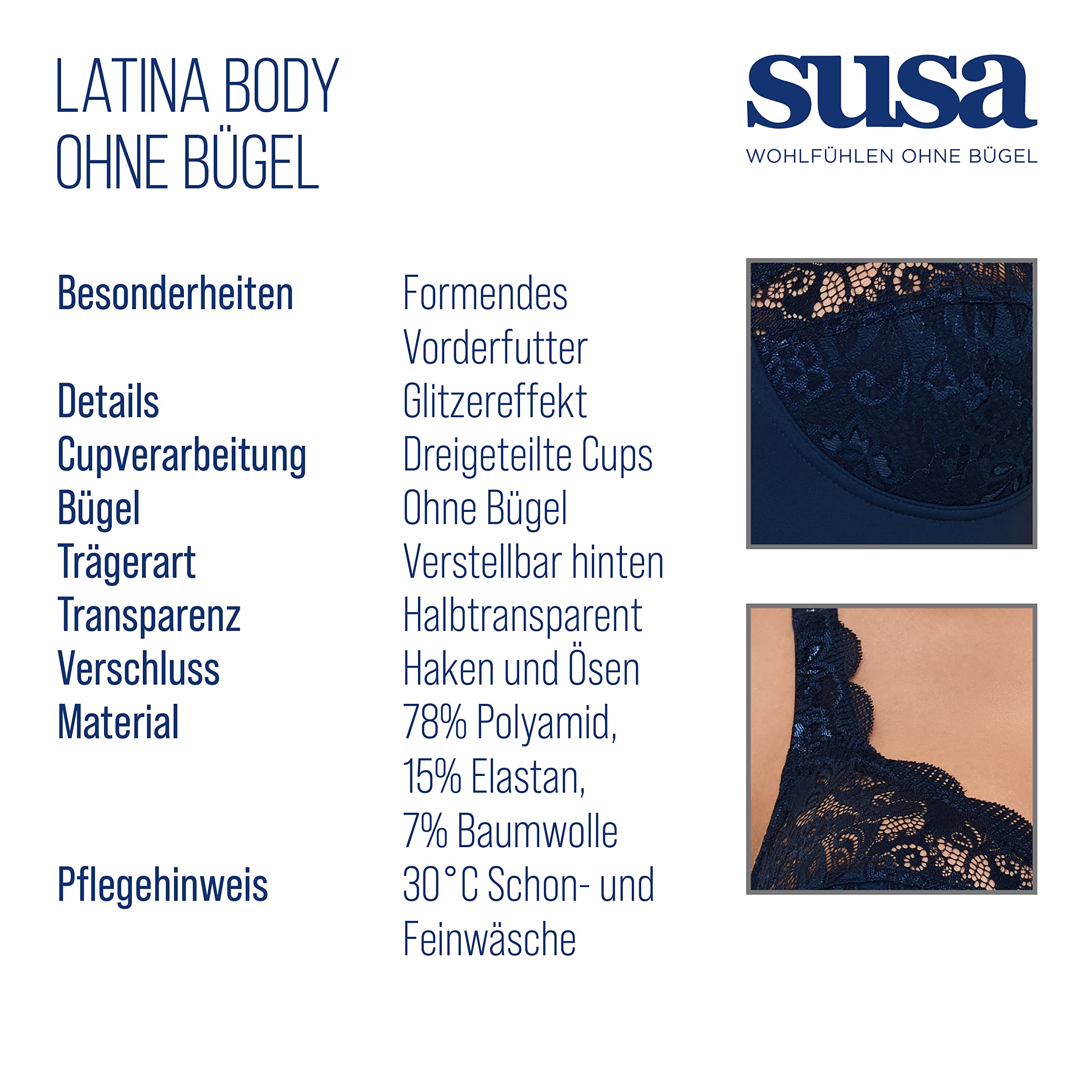 Susa Susa Damen Body mit Elastischer Spitze Latina Body Donna