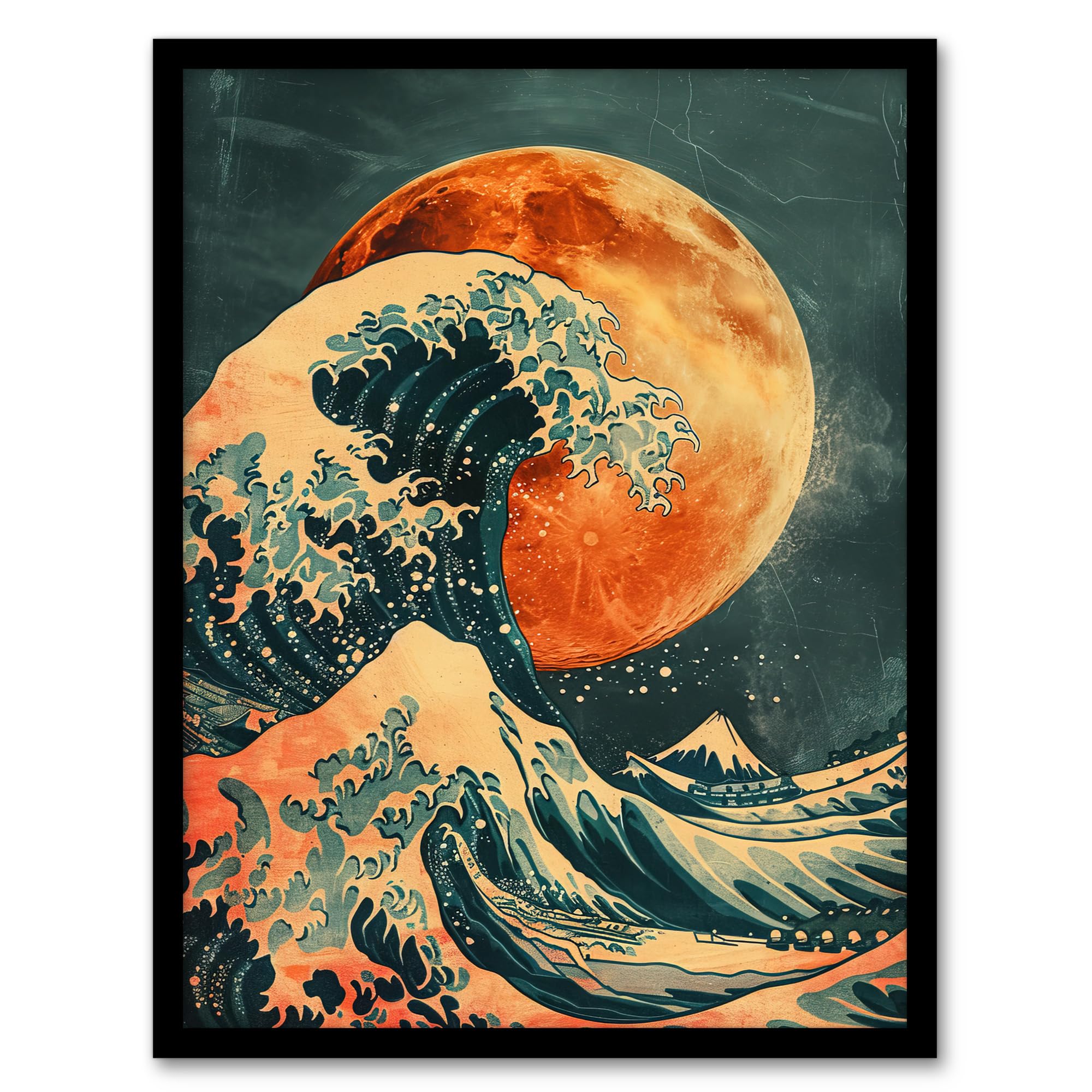 Orange Moon Japanese Waves Framed Art Print - W12 x H16 inch - Artery8