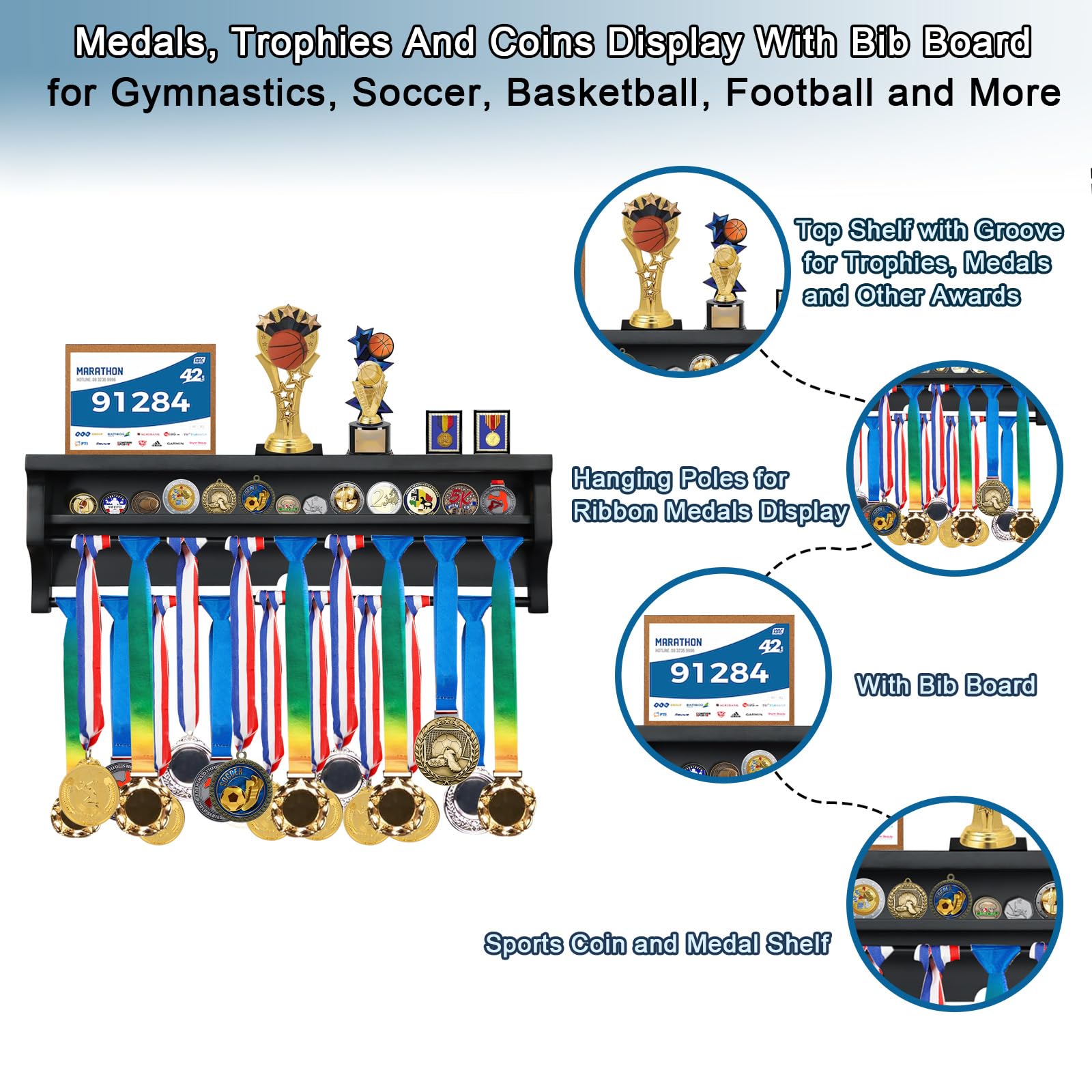 Medaillenaufhänger, Massivholz, Medaillenhalter, Wandmontage, Trophäenregal für Gymnastik, Fußball, Basketball, Fußball und andere Sportarten mit Latzbrett, Schwarz