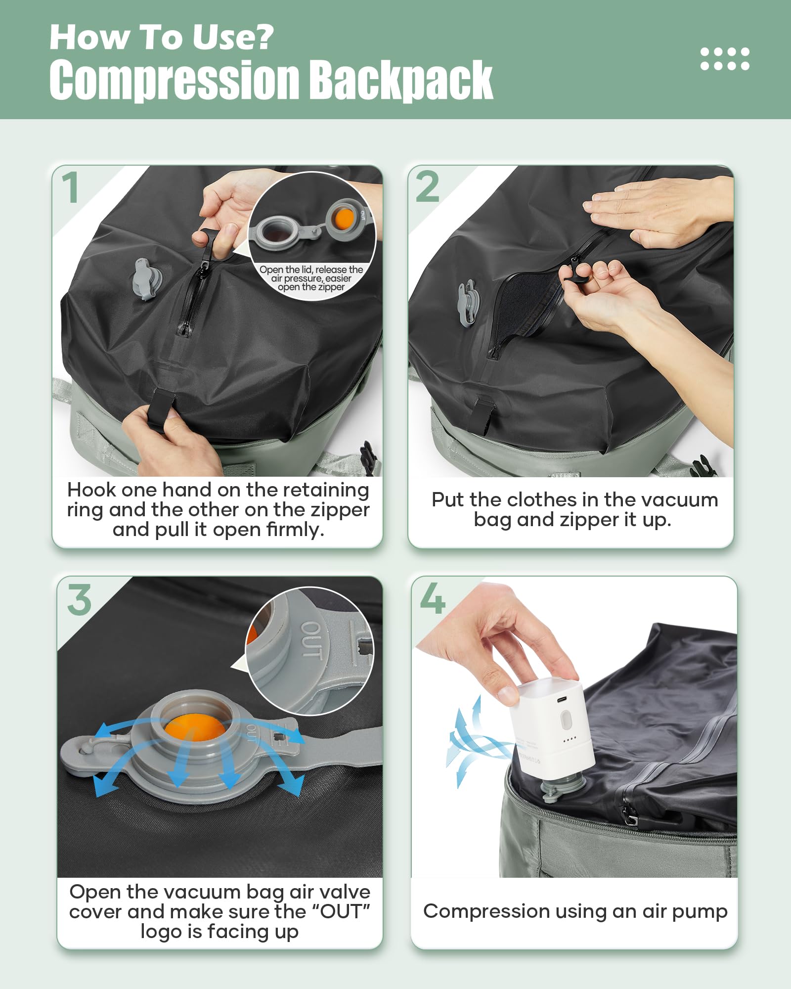 suradar Vakuum Rucksack Handgepäck Vacpack, Vacuum Backpack Travel Airbag Rucksack mit Vakuumsystem für Easyjet Handgepäck 45x36x20 für Flugzeug Reiserucksack Vakuum Herren und Damen Grasgrün