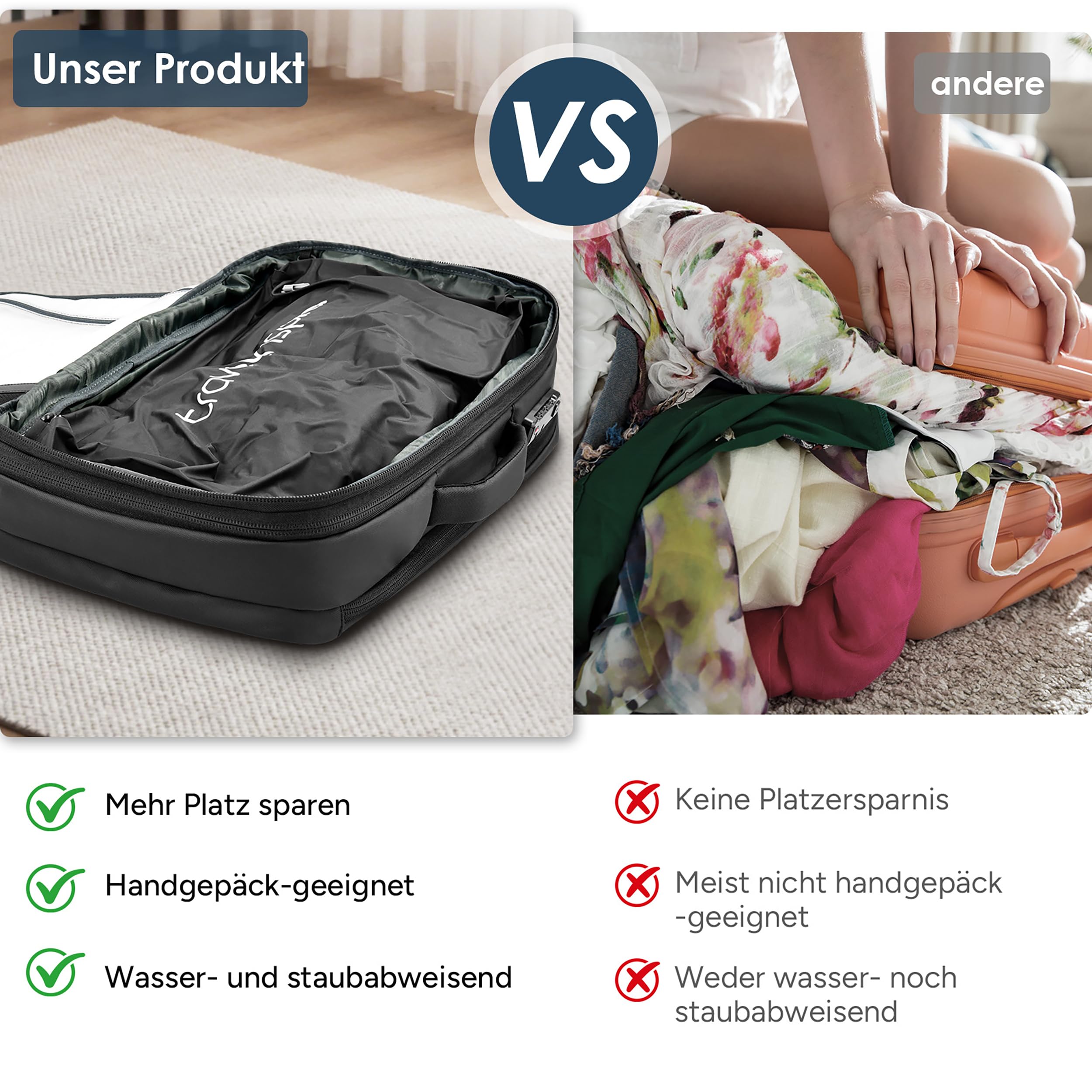 travel inspira Reiserucksack Handgepäck Flugzeug Vakuum Rucksack mit Pumpe | Erweiterbar von 45L auf 65L mit 17.3" Laptopfach TSA-Schloss 50% Platzsparend Vakuumbeutel Abnehmbar LED-Licht und SOS-Signal
