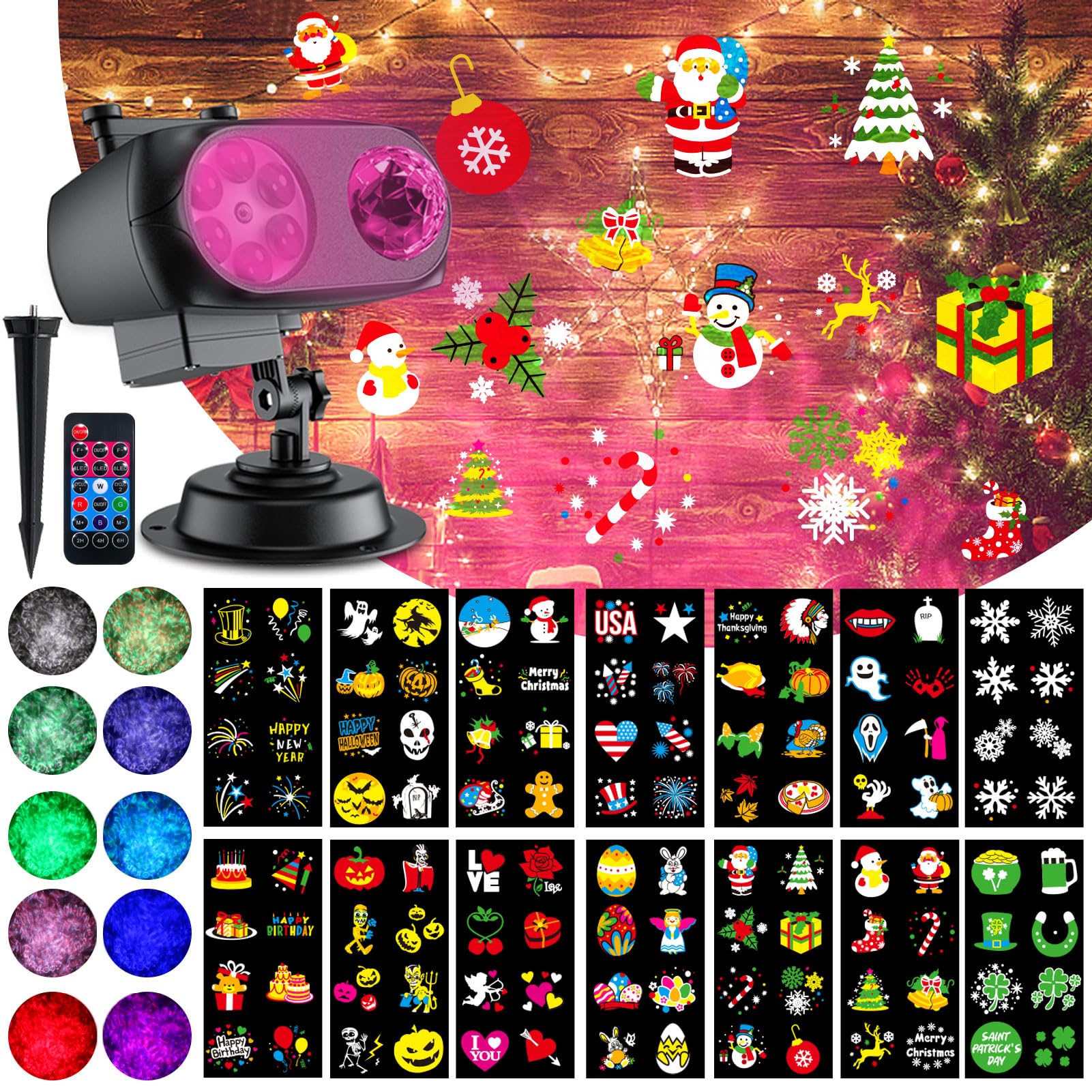 Projecteur Extérieur LED Halloween Noël - 64 Motifs Animés Télécommande IP44 Étanche Flocons Neige