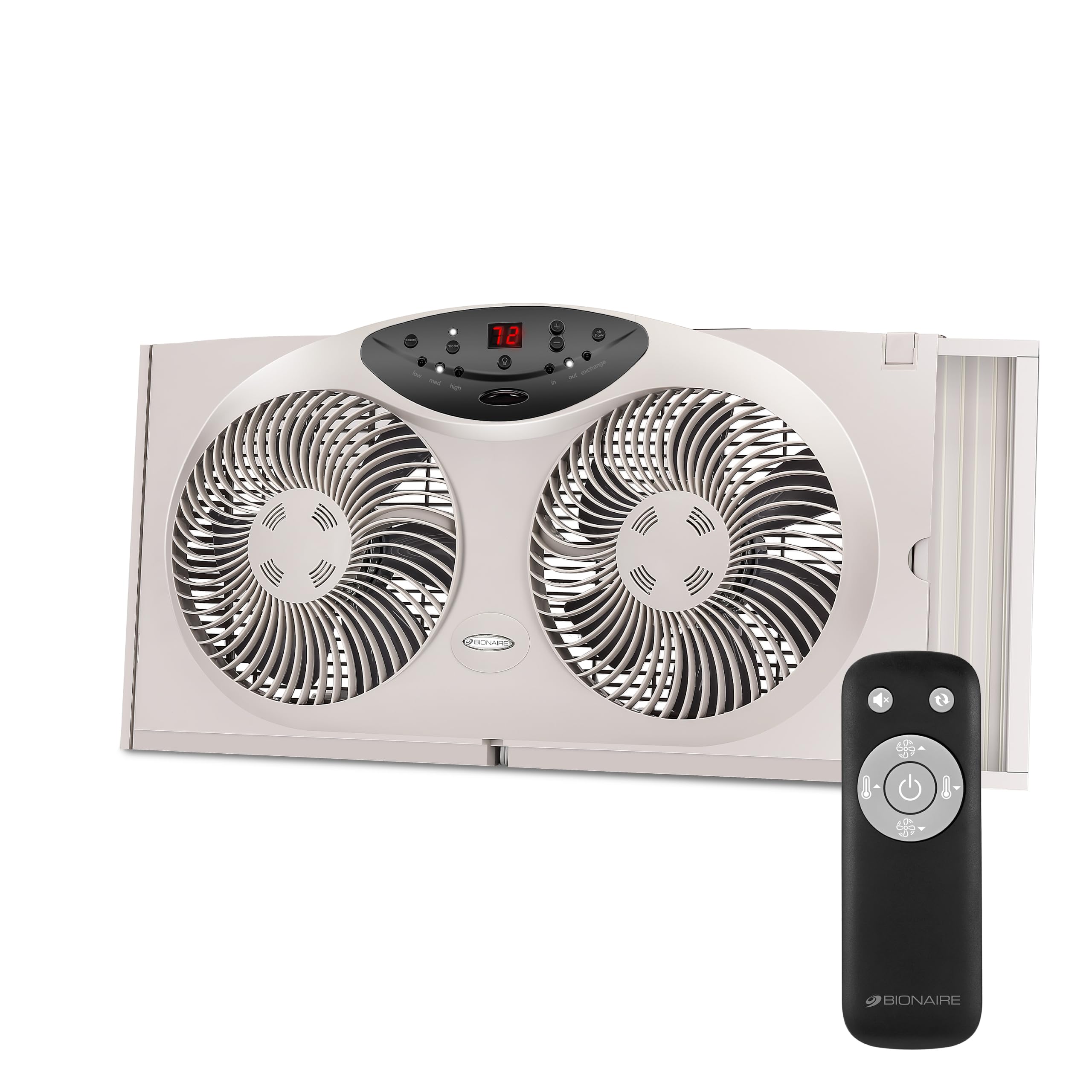 Photo 1 of **VERY DIRTY, NEEDS CLEANING** Bionaire Window Fan with Reversible Airflow Blades – 3-Speed Settings, Programmable Thermostat, LED Display, Remote Control, Fits 24–36" Windows, No Assembly Required