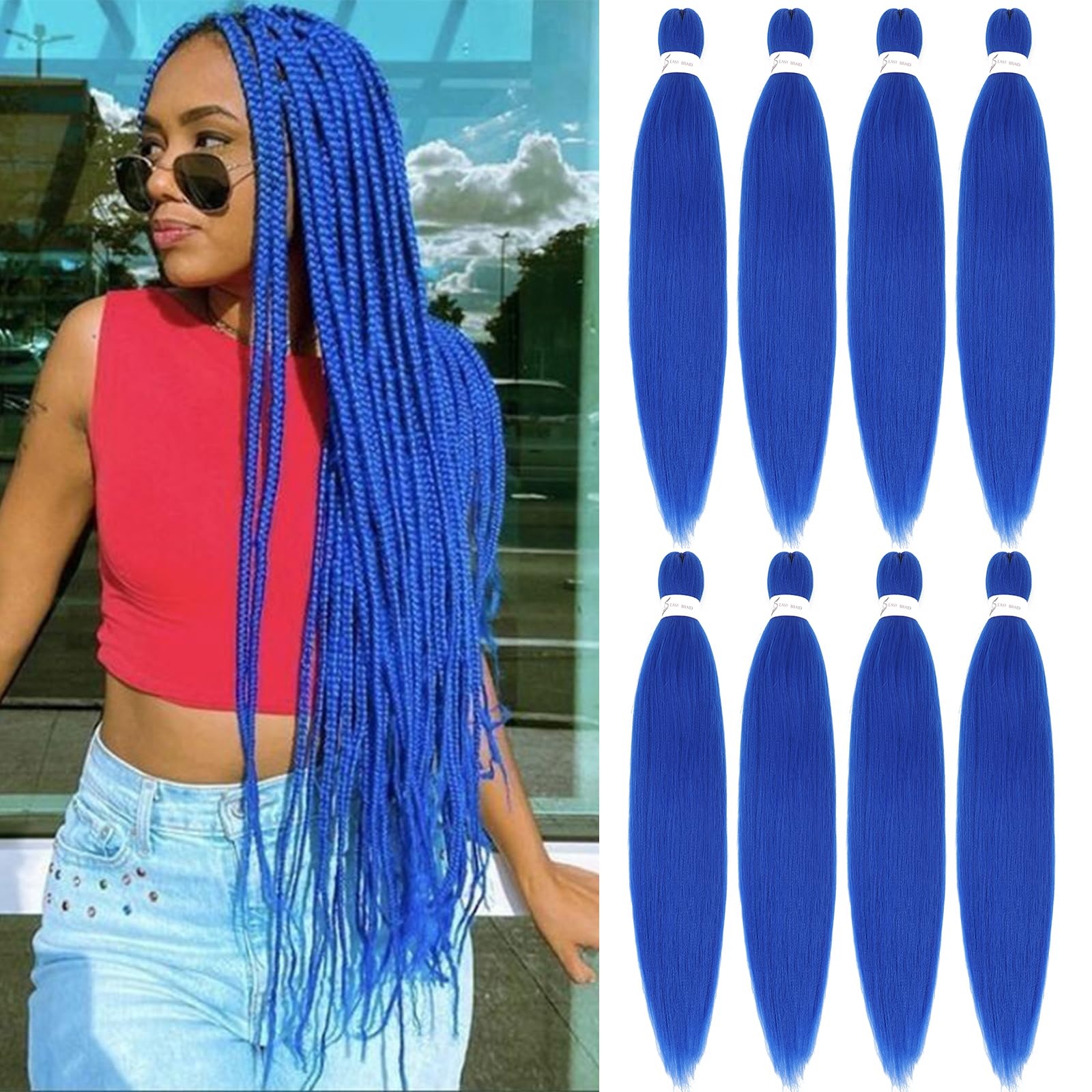 Blue Braiding Hair Pre Stretched, 26 Inch 8 Pack Prestretched Braiding Hair For Braid Women Hair,Professional Synthetic Hair For Knotless Crochet