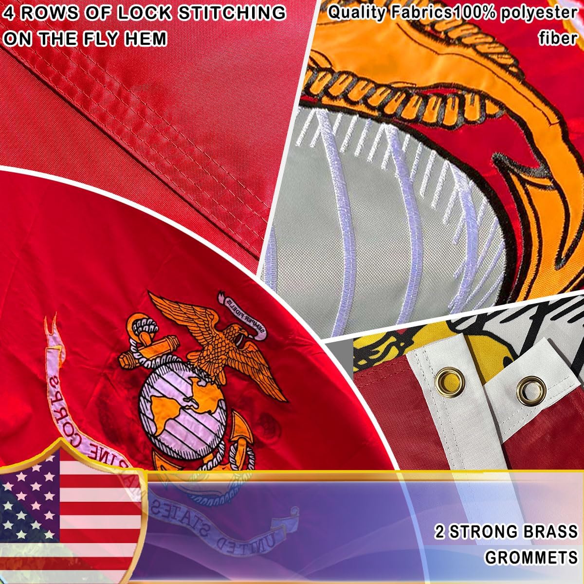 Embroidered Marine Corps Flag 3x5 Feet - Double Sided Double Needle Stitched Outdoor Heavy Duty Durable USMC Flag with Canvas Header/Brass Grommets for Indoor and Outdoor Decoration