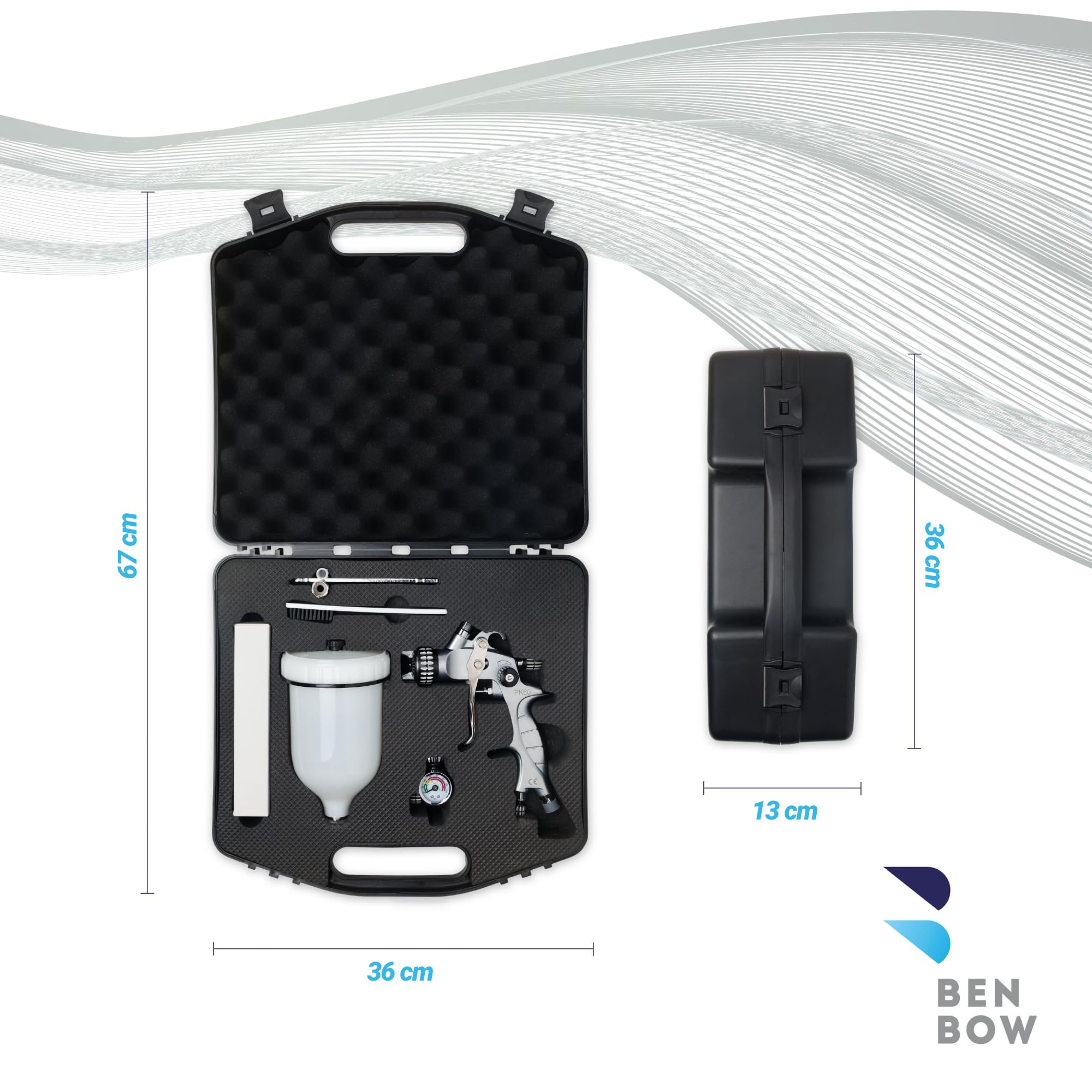 BenBow Lackierpistole Set PK60 HVLP 1,4 mm + 1,8 mm Düse + 600 ml Lackbehälter + Koffer + Druckminderer 9,6 BAR – ideal für Autolackierung Industrielacke Heimwerker