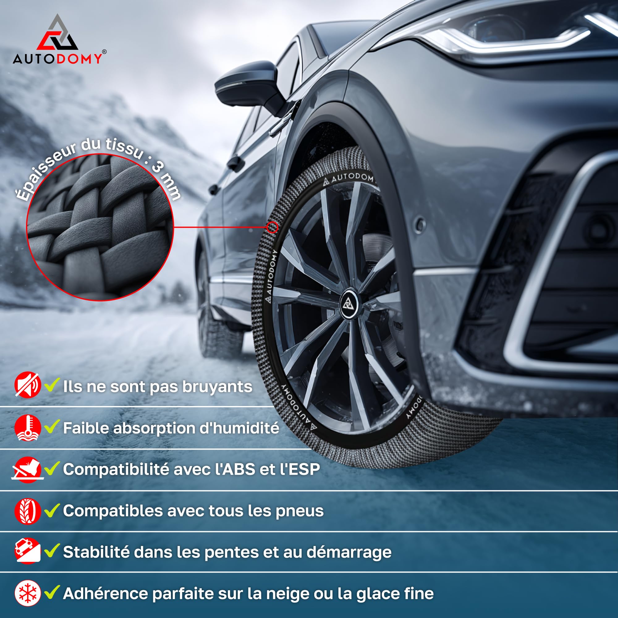 Autodomy Textiele Sneeuwkettingen Compatibel met Alle Banden XL | Sneeuwsokken voor Autobanden voor de Winter die de Band Niet Beschadigen | Sneeuwsokken Auto, Goedgekeurd