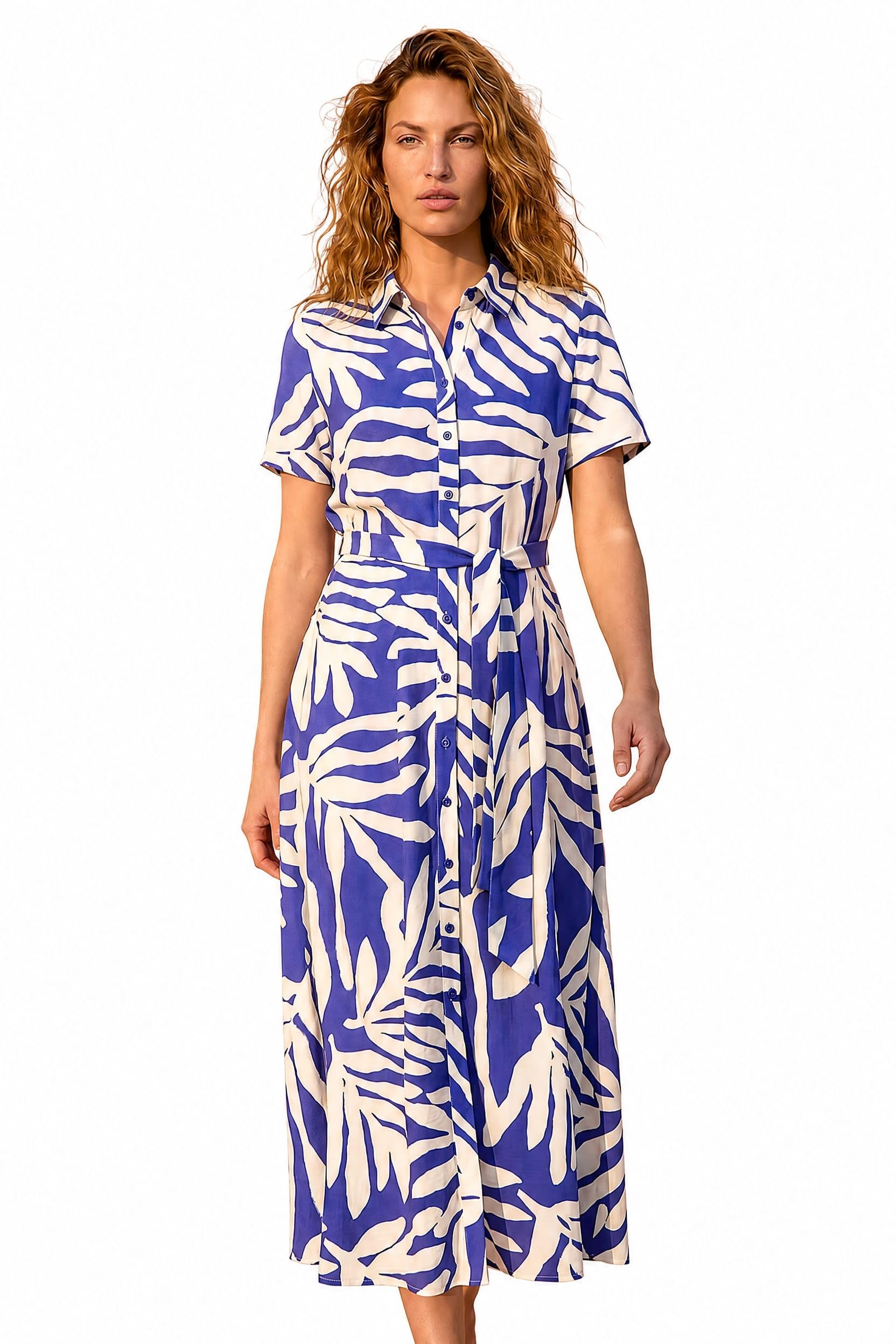 Roman Women's Royal Leaf Print Belted Midi Shirt Dress In | Size: 16
