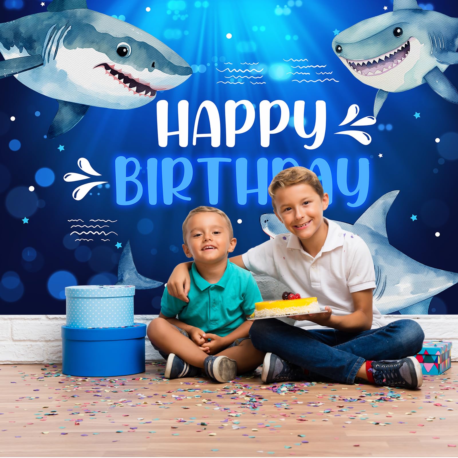 Haoyiyi 8x6ft Underwater Shark Backdrop Great White Shark Deep Under Sea World Aquarium Photography Background Baby Boy Birthday Celebration Theme Party Kid Diver Portrait Photo Studio Prop Polyester - View #2