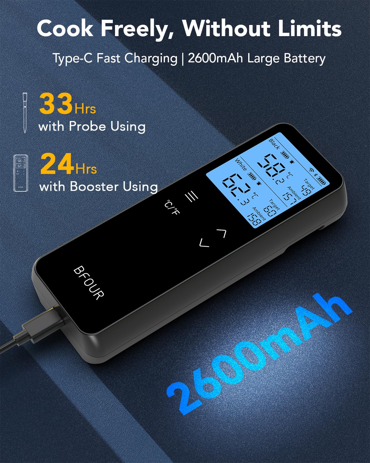 BFOUR BF-80 Termometro per carne senza fili con Bluetooth e WLAN, termometro per barbecue con 2 sonde, 6 sensori, IP67 impermeabile, pulsante touch, controllo tramite APP, termometro per arrosti per