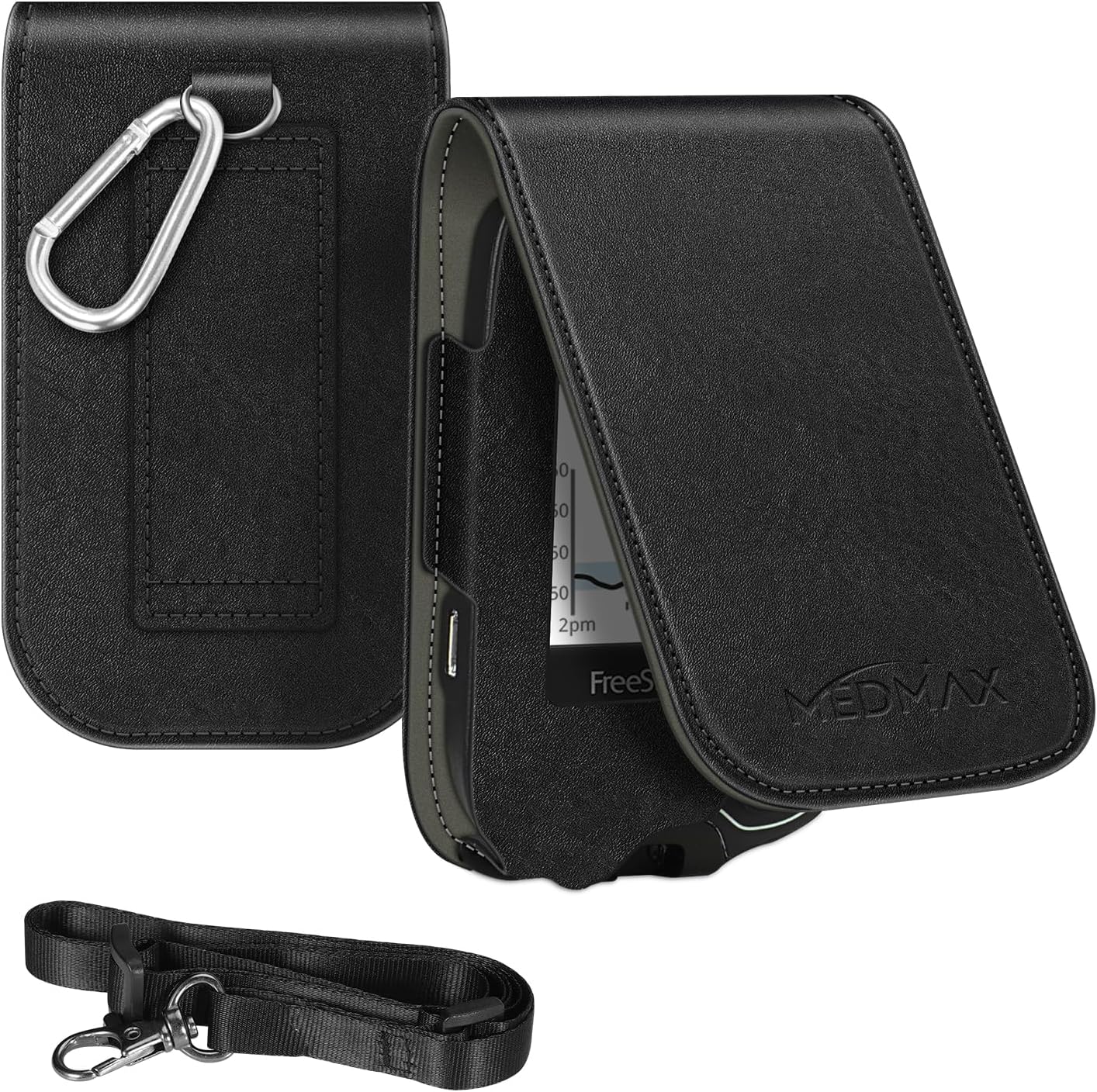 MEDMAX PU Leather Protective Case with Detachable Hanging Lanyard for Freestyle Libre 3 2 / Libre Reader, Lightweight Shockproof Diabetic Storage Neck Sling Carrying Case with Carabiner Clip (Black)