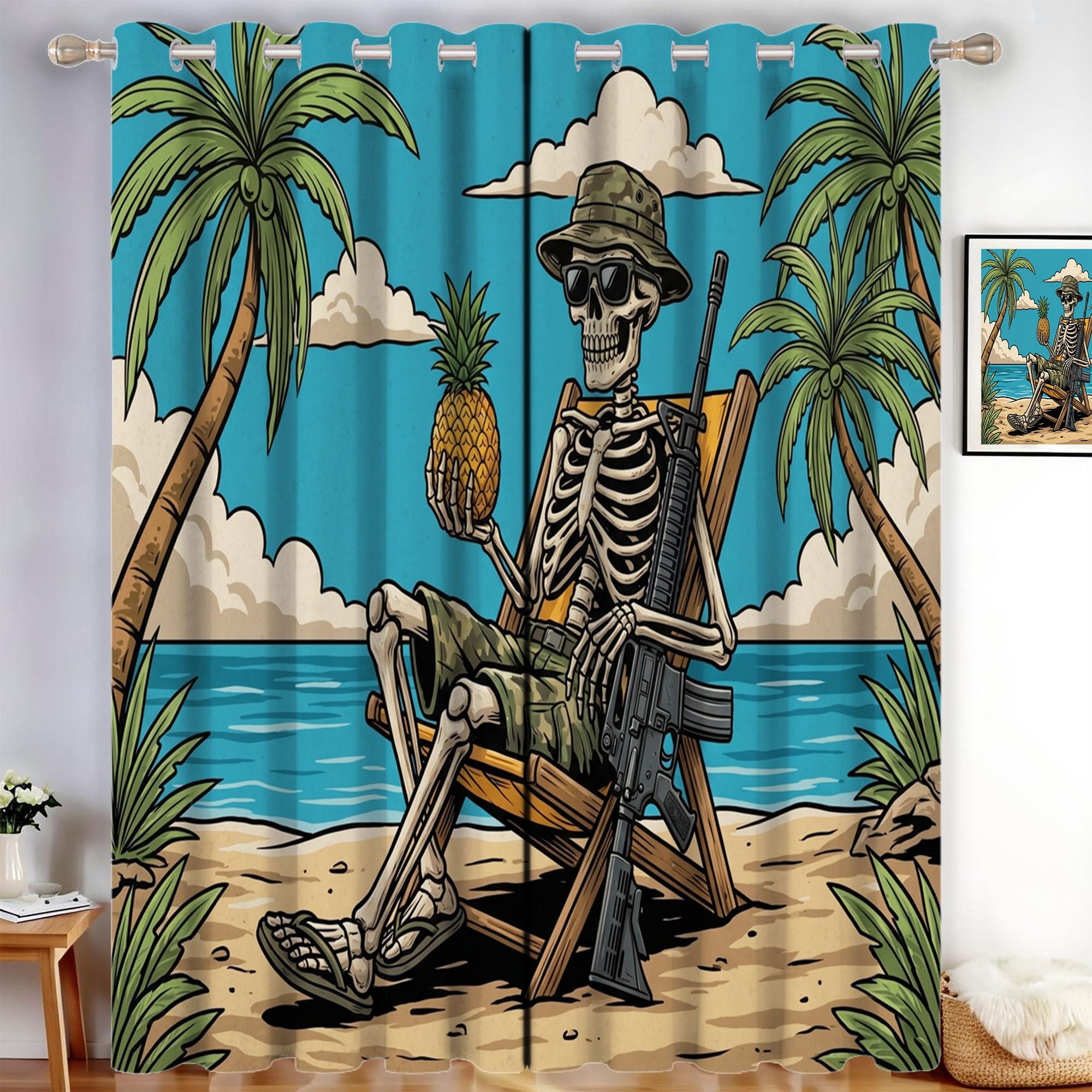 Animationsstil Verdunklungsvorhänge H140 x B90 cm (2er Pack) Set Blickdicht Gardinen Mit Ösen Für Wohnzimmergothic-Schädel Vorhänge Schlafzimmer Kinderzimmer - Blaugrün