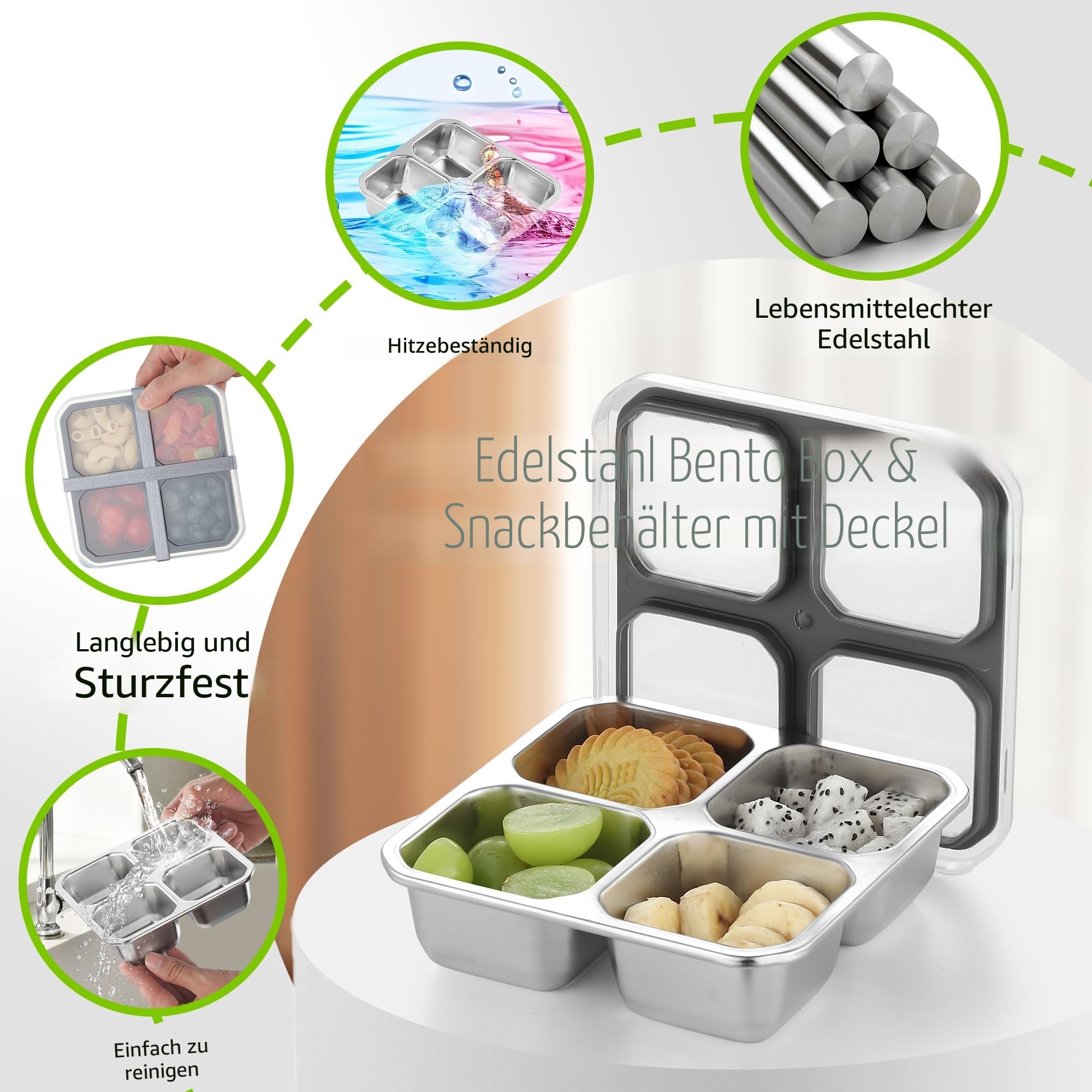 Misichao Edelstahl Snackbox mit 4 Fächern, 400ML Snackdose Kinder, Brotdose Erwachsene, Lunchbox Spülmaschinenfest BPA-Frei (Grau x 4)