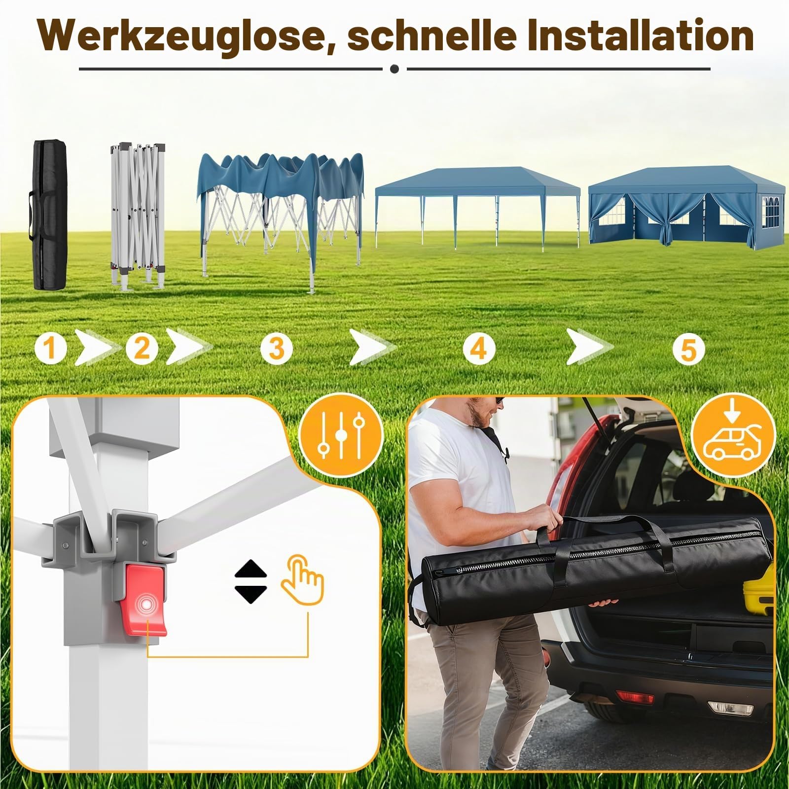 JUMMICO Pavillon 3x6 Wasserdicht Stabil Winterfest Höhe Verstellbar,Faltpavillon mit 6 Seitenwänden,Pavillion UV Schutz 50+,Gartenpavillon Faltzelt für Garten, Innenhof, Camping,Gazebo Blue