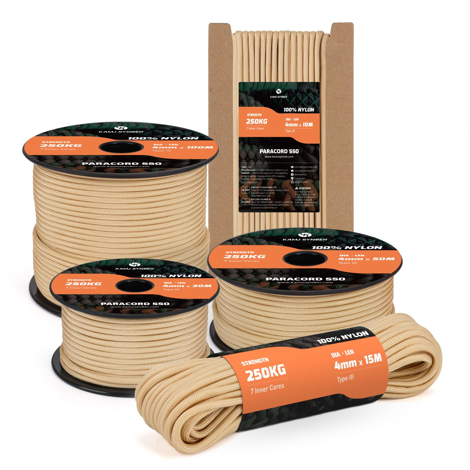 Kamu Synber 550 Paracord 4mm 100m Type III 7 Strands 100% Nylon Rope Parachute Cord Ideal for Crafting, DIY, Camping, Survival, Outdoor | Support 250kg | Khaki