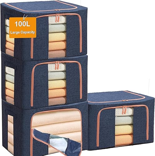 Miniatura 7 de Bolsas de almacenamiento de ropa de gran capacidad organizador de almacenamiento apilable con marco de metal plegable cremallera asas ventana Azul