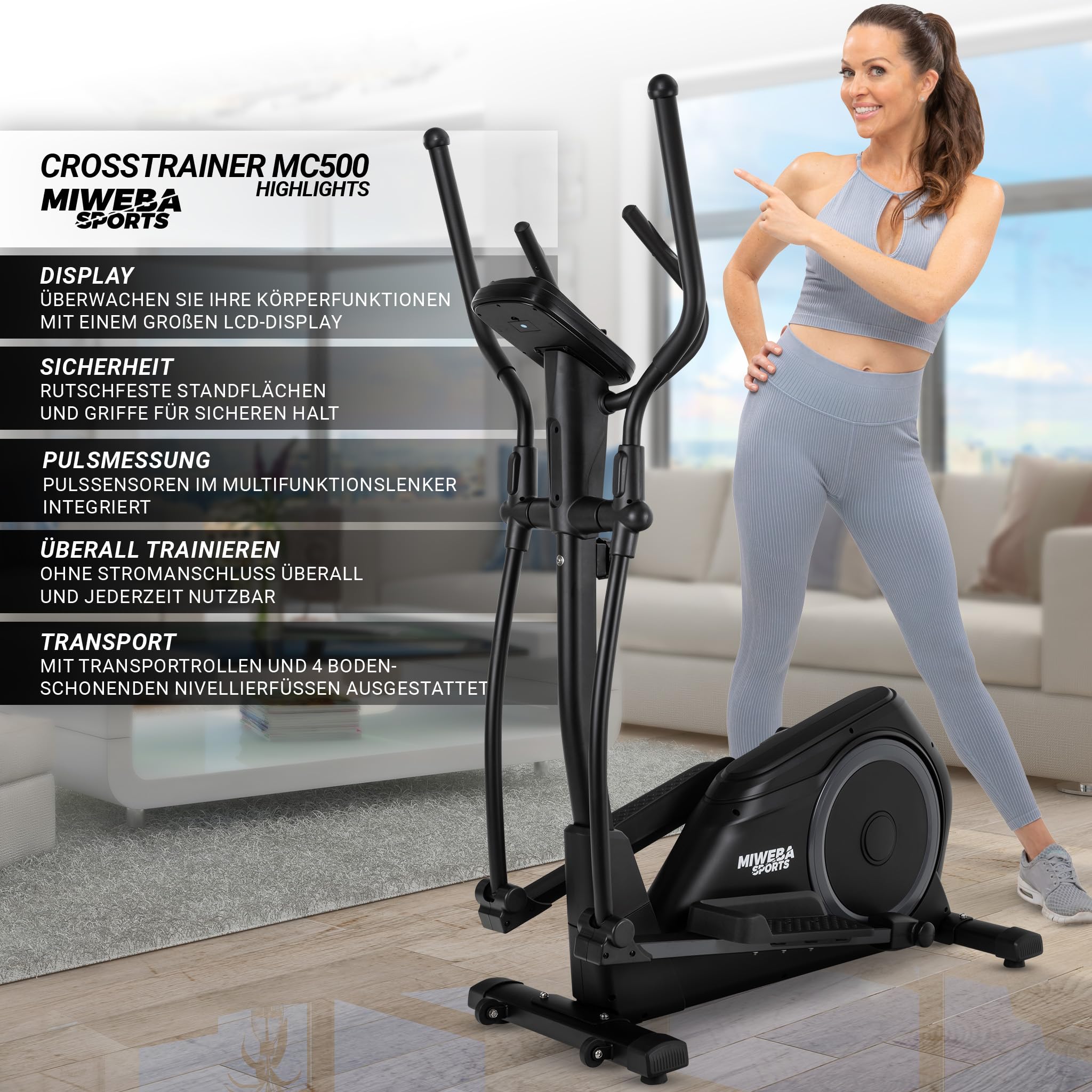 Miweba Sports Crosstrainer MC500 Stepper 7 kg Schwungmasse 120 kg Ergometer Heimtrainer leise Ellipsentrainer LCD Monitor Cardio Fitnessgerät Schwarz