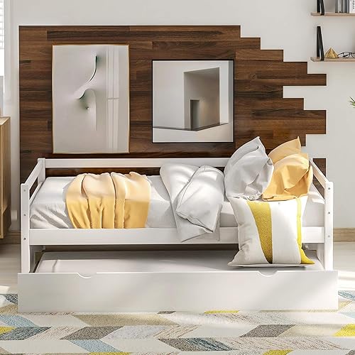 Miniatura 3 de SOFTSEA Sofá cama de tamaño individual con nido, marco de sofá cama de madera maciza con nido extraíble, sofá cama doble capitán, soporte de