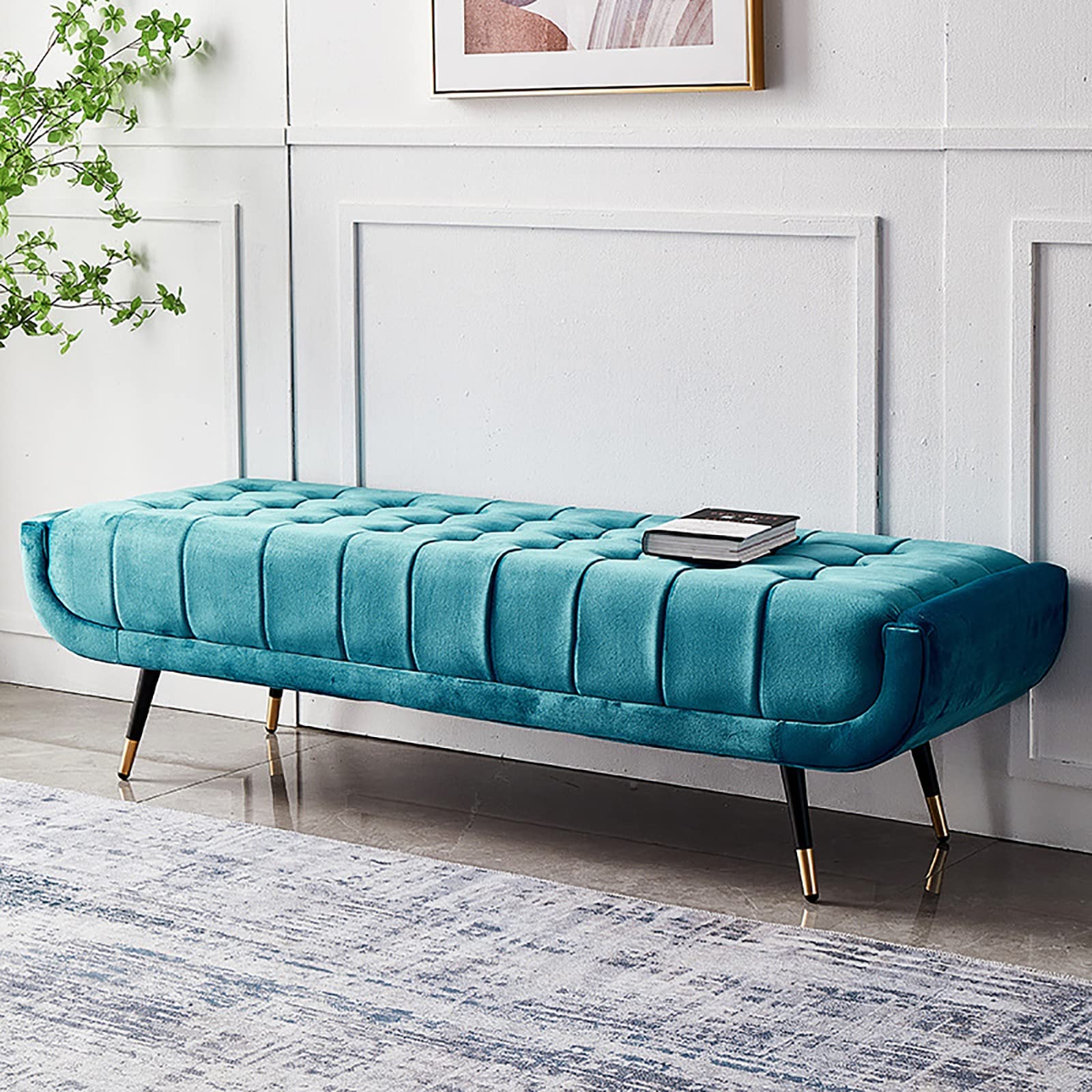 100 * 47 * 43 CM Banco de Almacenamiento de Terciopelo Moderno Otomano, Banco Tapizado de Almacenamiento en el Extremo de la Cama, Banco Decorativo Tapizado Rectángulo con Patas de Metal par
