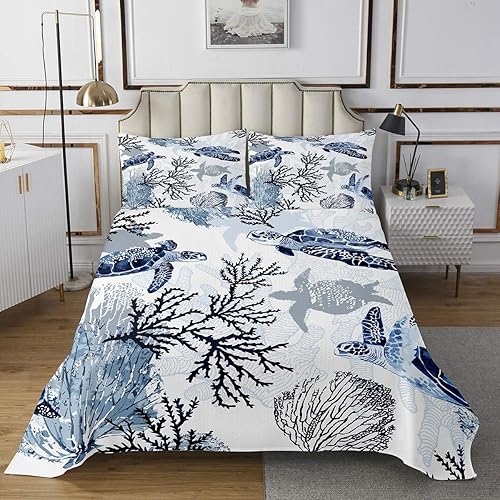 Miniatura 2 de Erosebridal Juego de ropa de cama de tortuga, tamaño individual, color blanco y azul, juego de colcha de tortuga hawaiana para niños, colchas de