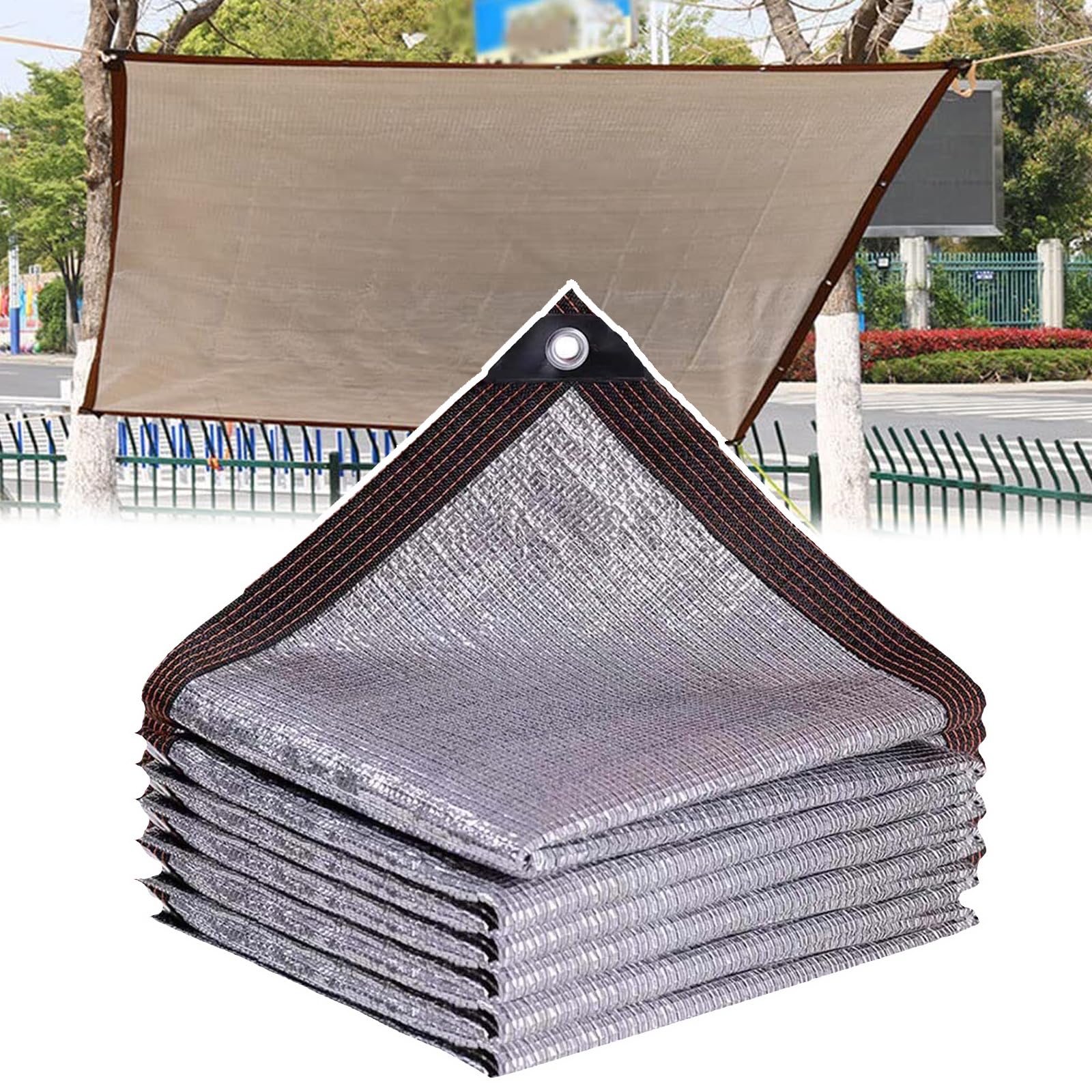Shade Cloth(Aluminum Foil), Reflective Aluminet Shade Cloth, Length 3-8m, Thickened Mesh Surface +6-Wire Hemming+ Rope Hole Design,Thickened/Encrypted, for Terraces/pavilions,3x3m/9.8×9.8ft