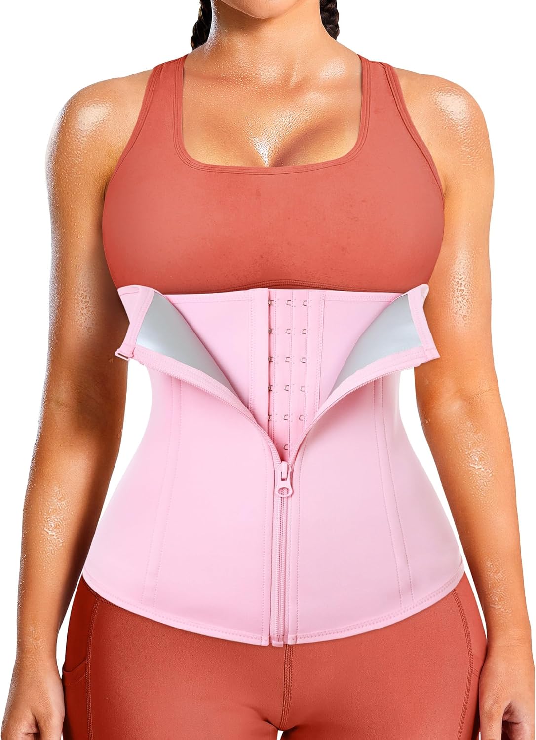 LEINIDINA Womens Waist Trainer Corset with Zipper Sweat Waist Trimmer for Women Workout Belt Corset Shapewear Pink Small