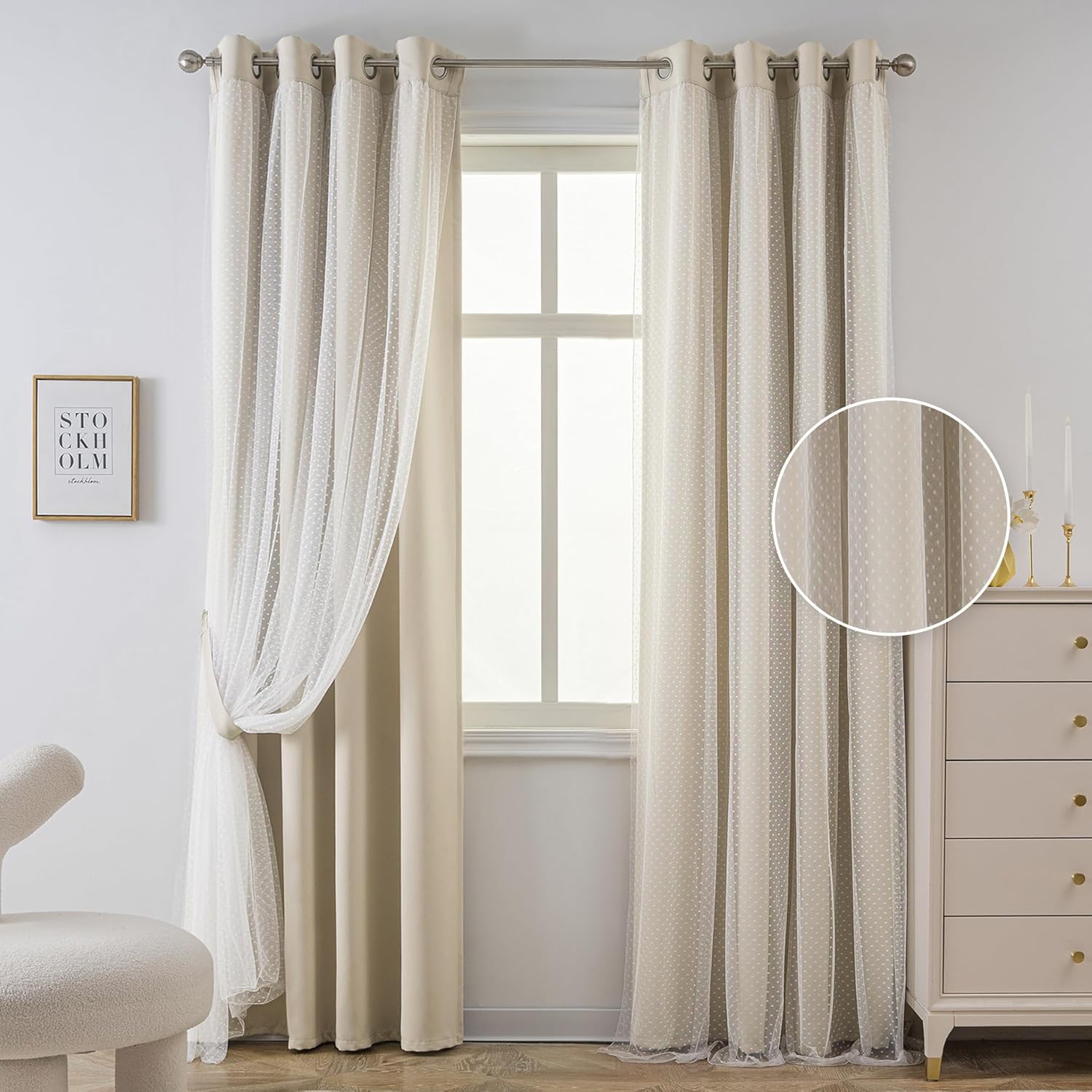 MYSKY HOME Beige 70% Blackout Curtains for Girls Bedroom & Living Room Nursery Kids Cute Double Layer Curtains with Sheer Overlay, Grommet Tops, 52x84 Inch Each Panel, 2 Panels
