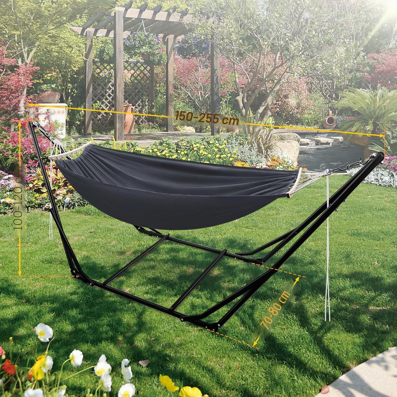 Amaca con struttura, pieghevole, da giardino, in metallo, per esterni, con borsa per il trasporto, struttura in metallo fino a 150 kg, per campeggio, giardino, piscina, balcone