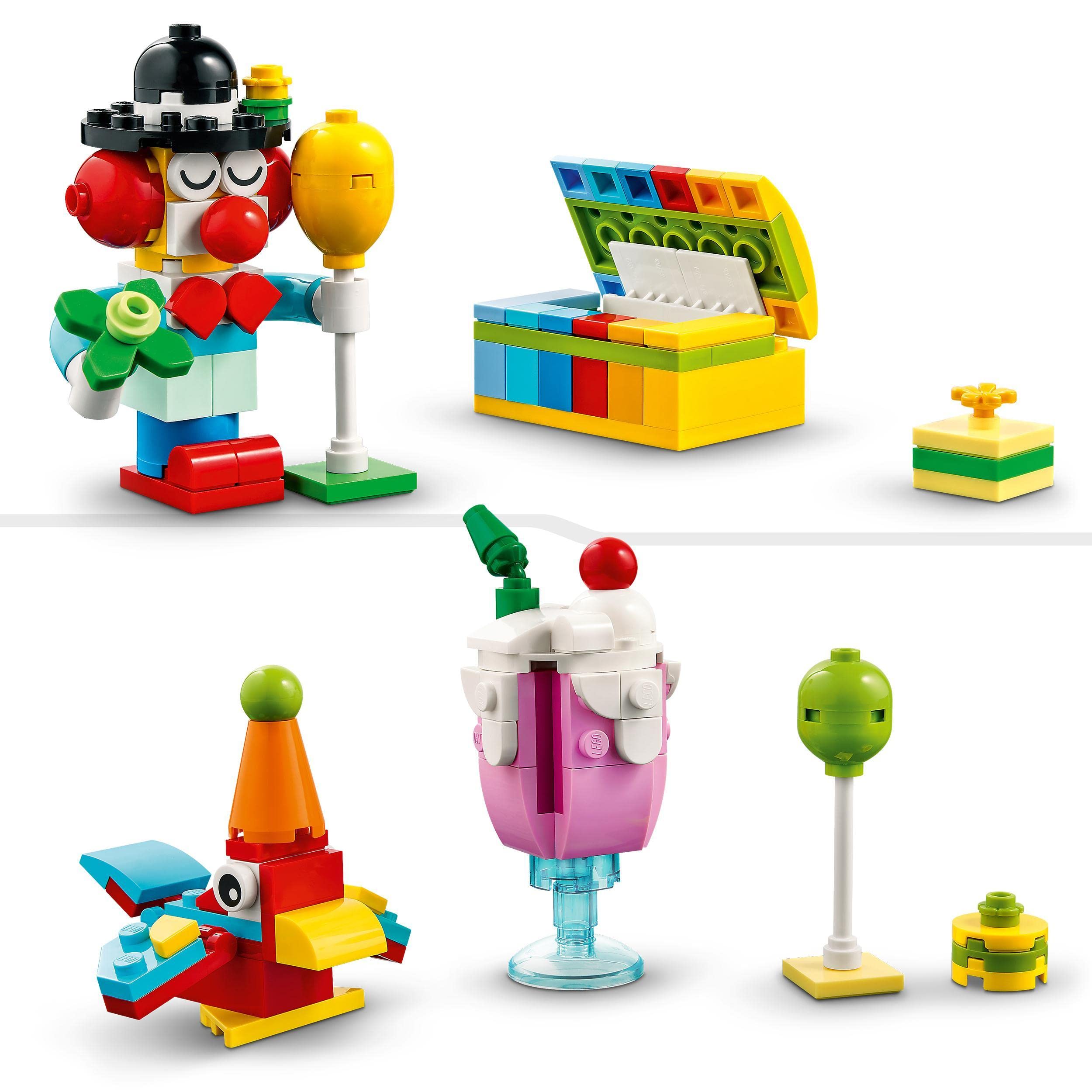 LEGO 11029 Classic Kreatywny zestaw imprezowy, Gry Rodzinne do Wspólnej Zabawy, 12 zabawek do zbudowania: Pluszowy Miś, Klaun, Jednorożec, dla Dzieci w wieku od 5 lat